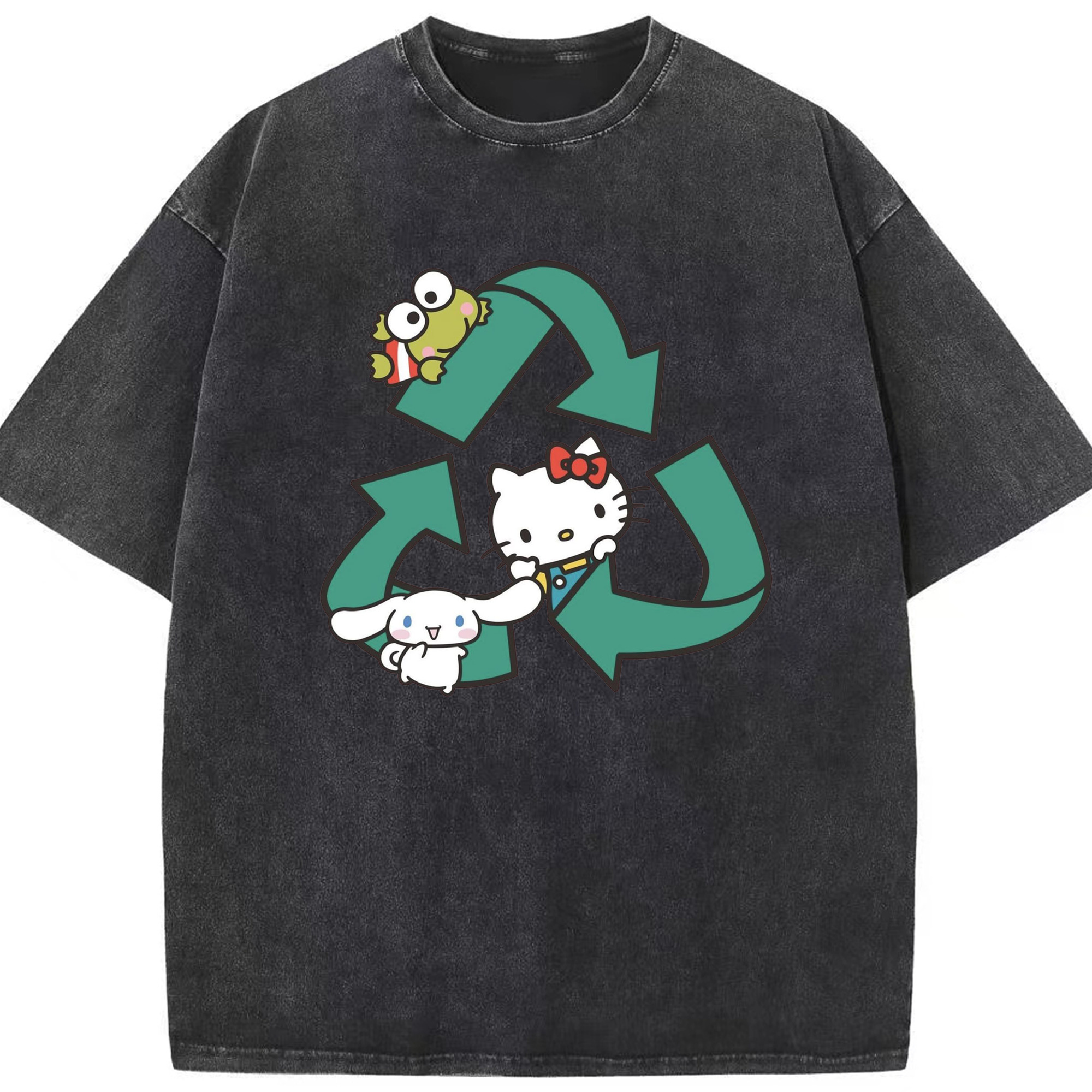 環境にやさしいハローキティ - 綿100％ ヴィンテージ風 半袖Tシャツ ・ フロントプリント ・ 柔らか肌触り ・ 通気性 快適 ・ スポーツ カジュアル 外出用