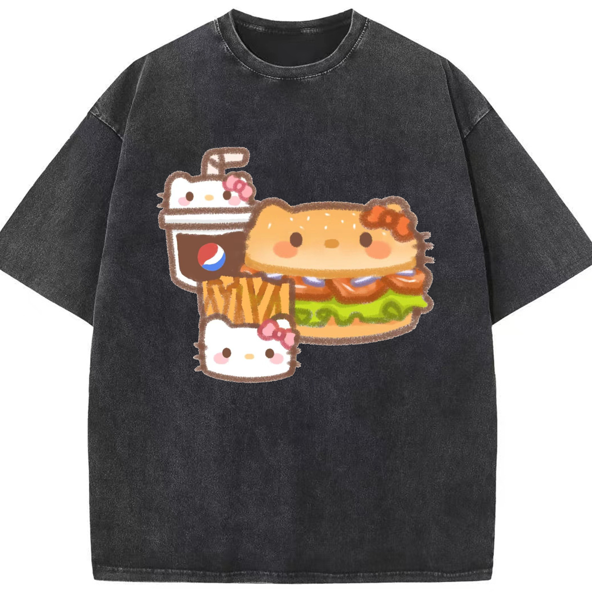 ハンバーガーになったハローキティ - 綿100％ ヴィンテージ風 半袖Tシャツ ・ フロントプリント ・ 柔らか肌触り ・ 通気性 快適 ・ スポーツ カジュアル 外出用