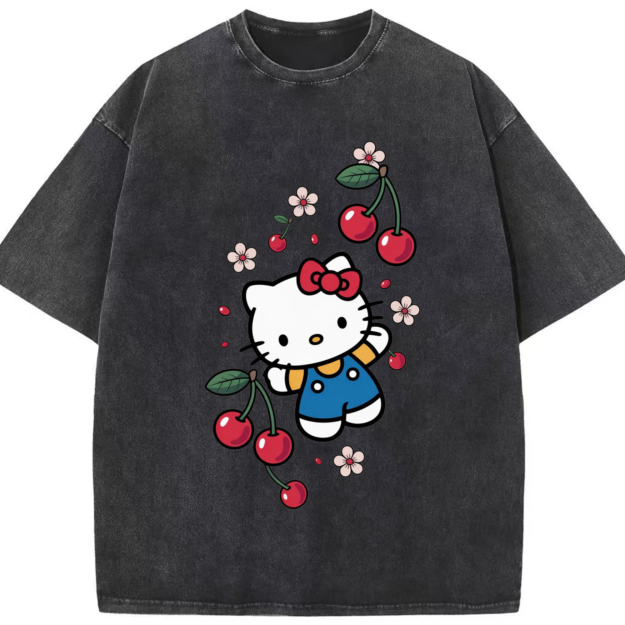 さくらんぼモチーフのハローキティ - 綿100％ ヴィンテージ風 半袖Tシャツ ・ フロントプリント ・ 柔らか肌触り ・ 通気性 快適 ・ スポーツ カジュアル 外出用
