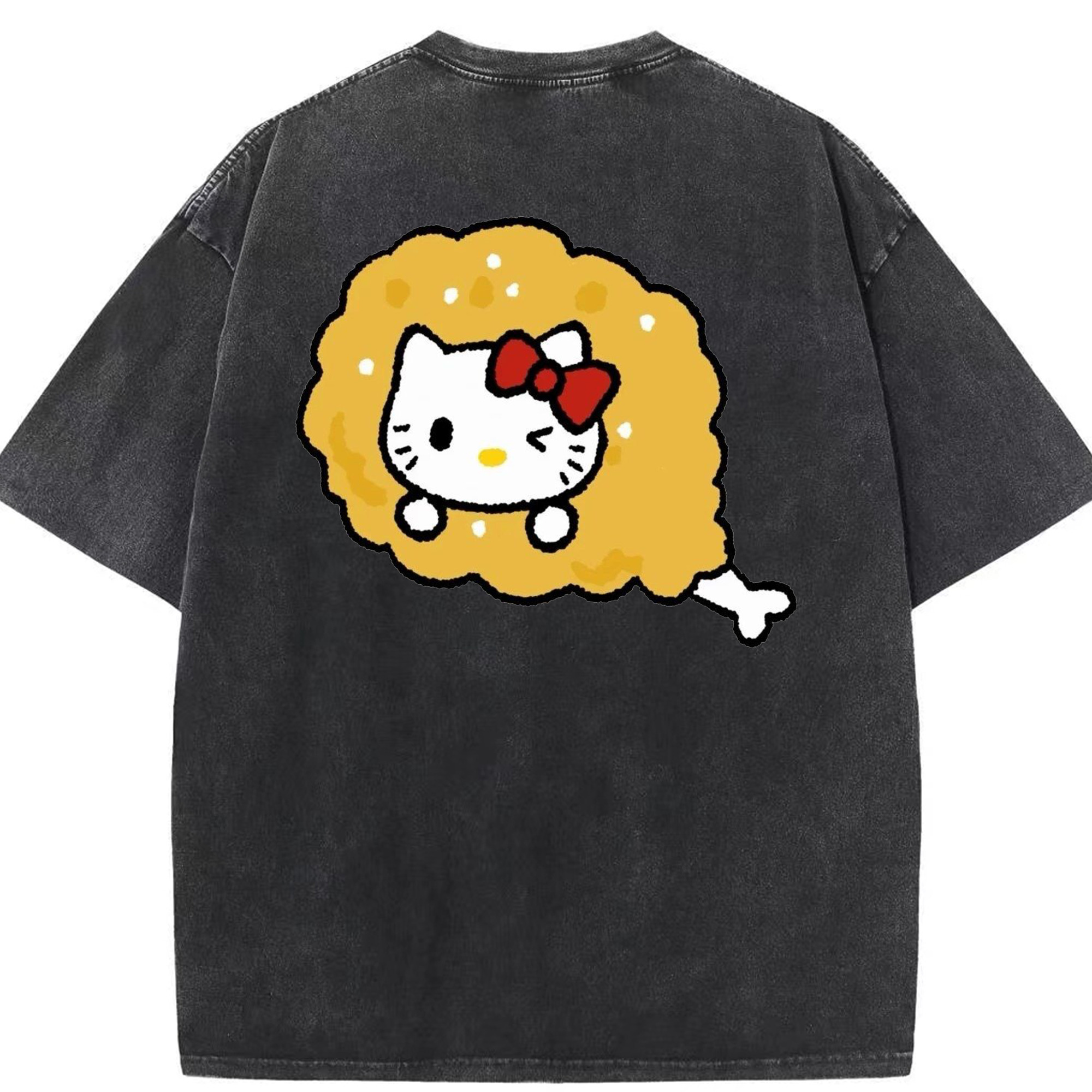 チキンになったハローキティ - 綿100％ ヴィンテージ風 半袖Tシャツ ・ 背面プリント ・ 柔らか肌触り ・ 通気性 快適 ・ スポーツ カジュアル 外出用