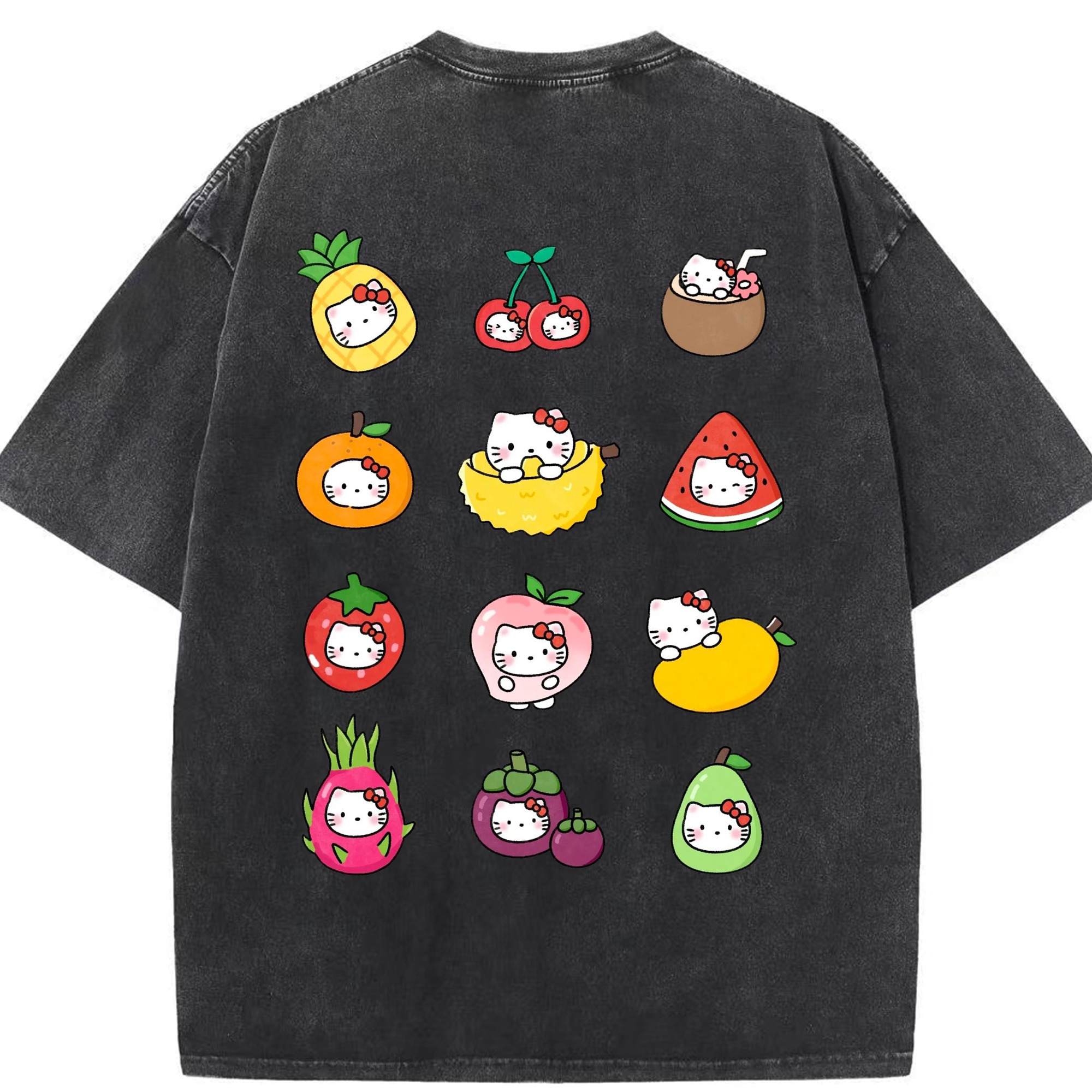 フルーツモチーフのハローキティ - 綿100％ ヴィンテージ風 半袖Tシャツ ・ 背面プリント ・ 柔らか肌触り ・ 通気性 快適 ・ スポーツ カジュアル 外出用