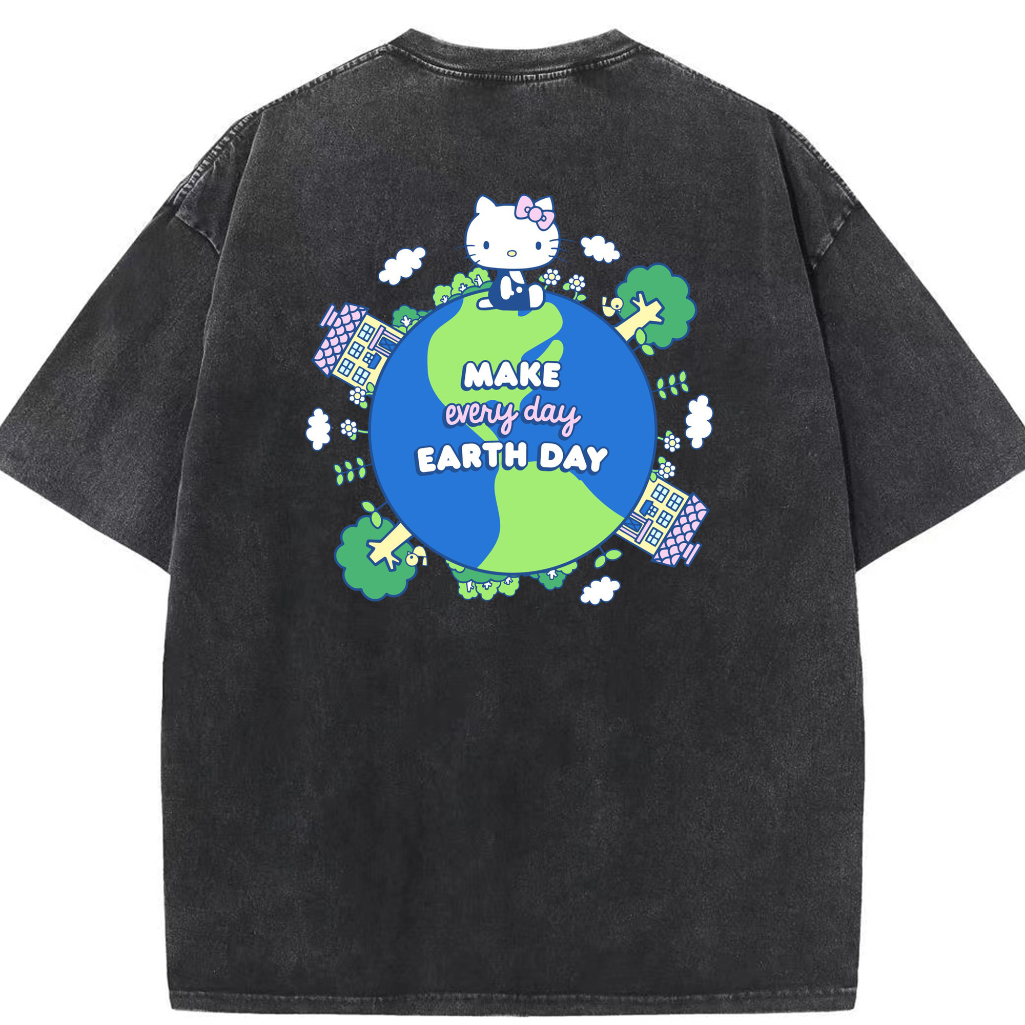 環境にやさしいハローキティ - 綿100％ ヴィンテージ風 半袖Tシャツ ・ 背面プリント ・ 柔らか肌触り ・ 通気性 快適 ・ スポーツ カジュアル 外出用