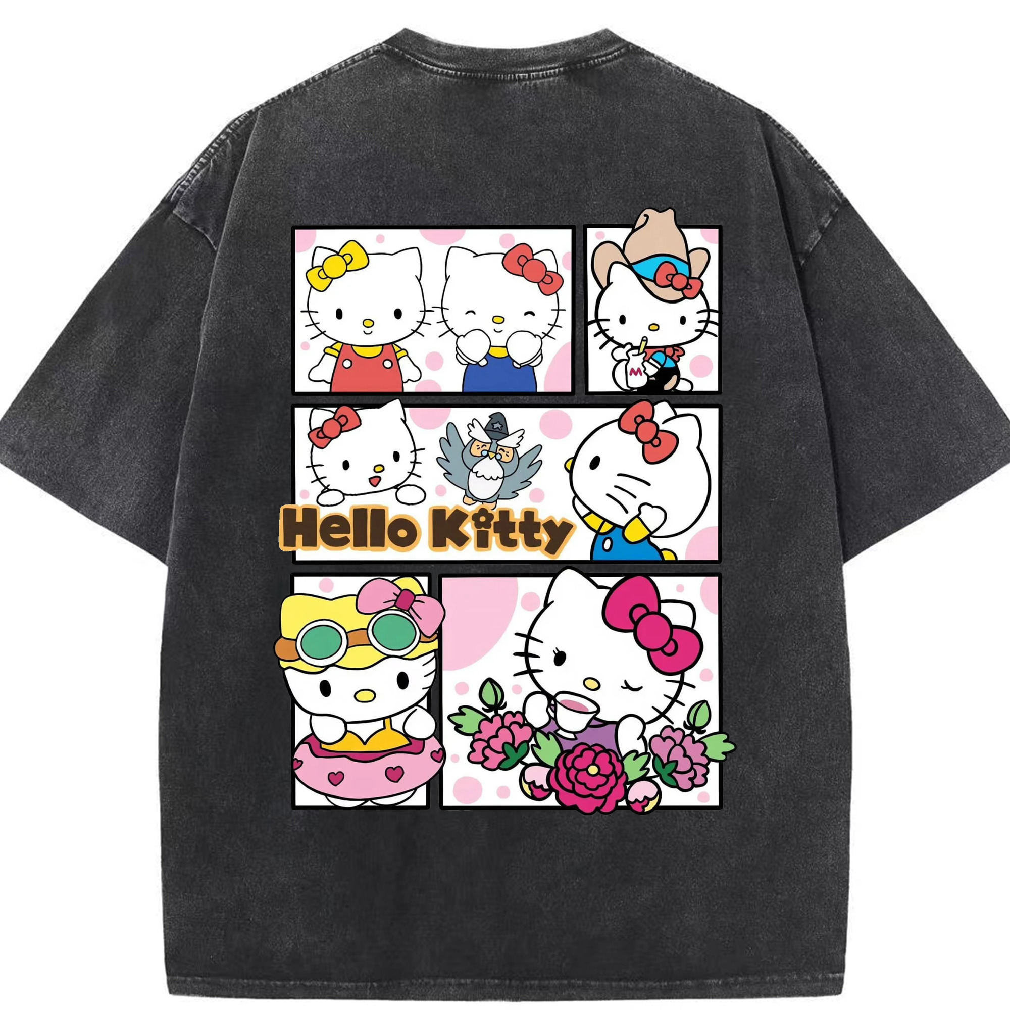 かわいいハローキティ - 綿100％ ヴィンテージ風 半袖Tシャツ ・ 背面プリント ・ 柔らか肌触り ・ 通気性 快適 ・ スポーツ カジュアル 外出用