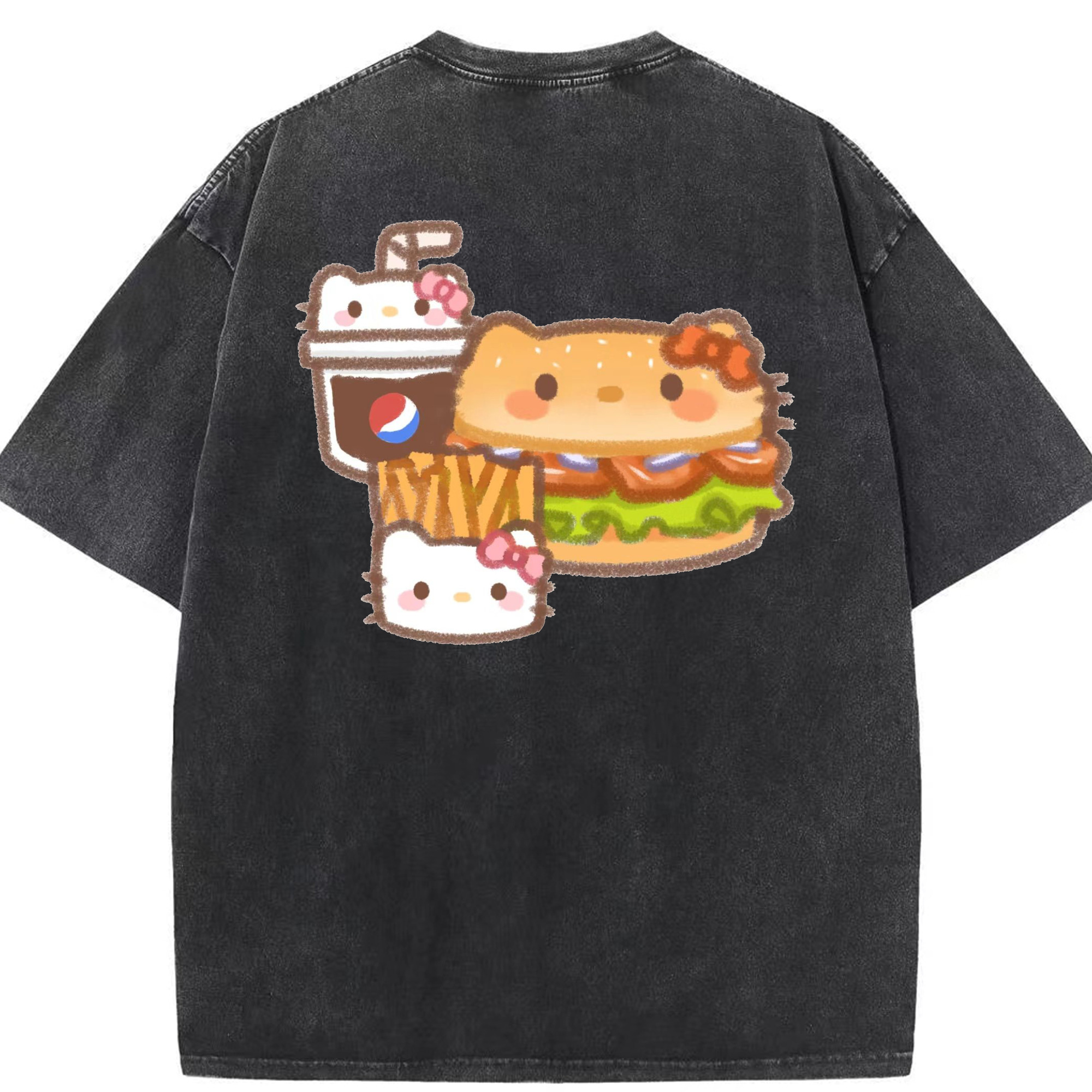 ハンバーガーになったハローキティ - 綿100％ ヴィンテージ風 半袖Tシャツ ・ 背面プリント ・ 柔らか肌触り ・ 通気性 快適 ・ スポーツ カジュアル 外出用