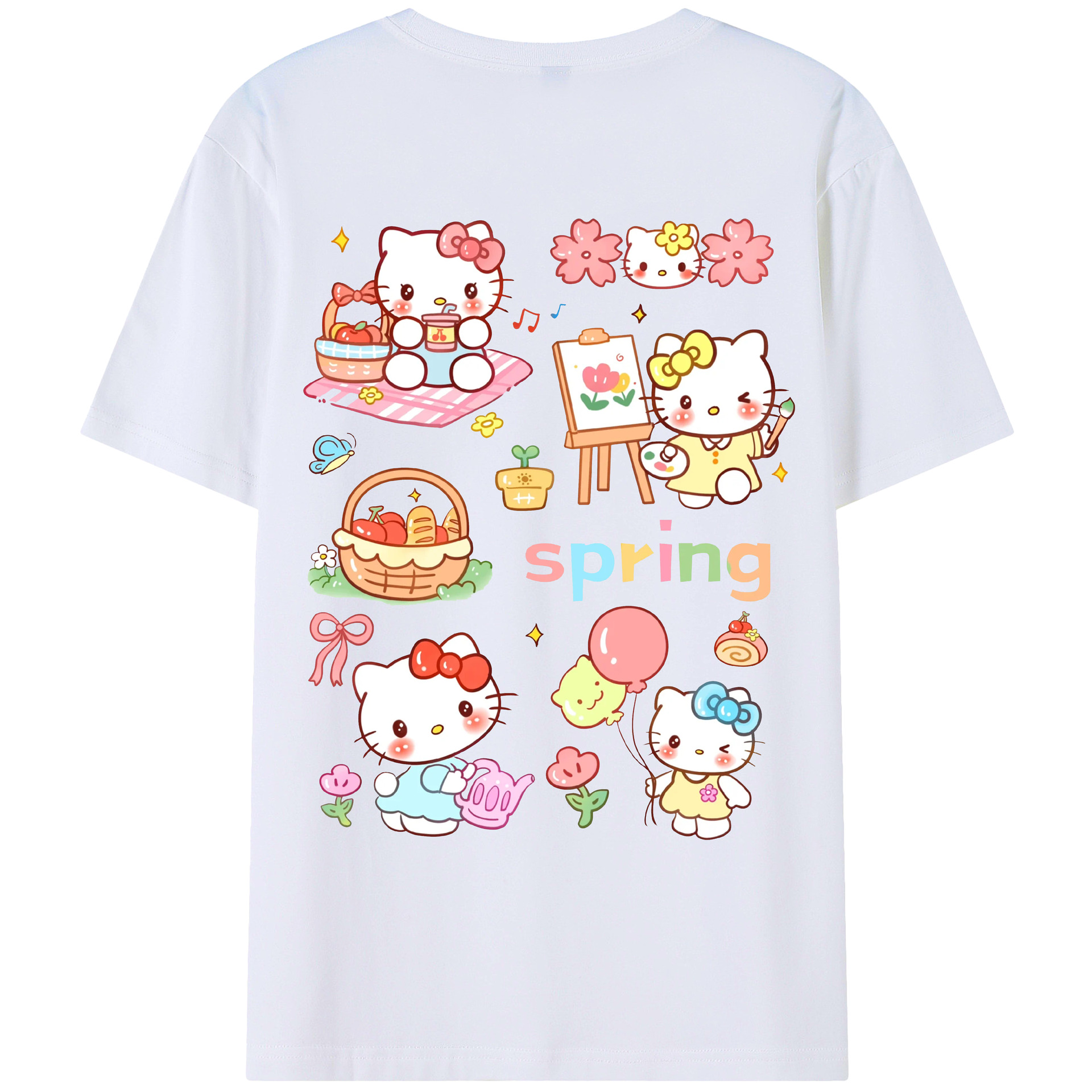 とびきりキュートなハローキティ - レディース半袖Tシャツ ・ 綿100％ ・ バックプリント ・ 強化クルーネック ・ 二重折り袖口 ・ 快適 通気性 ・ フィットネス カジュアル 旅行用