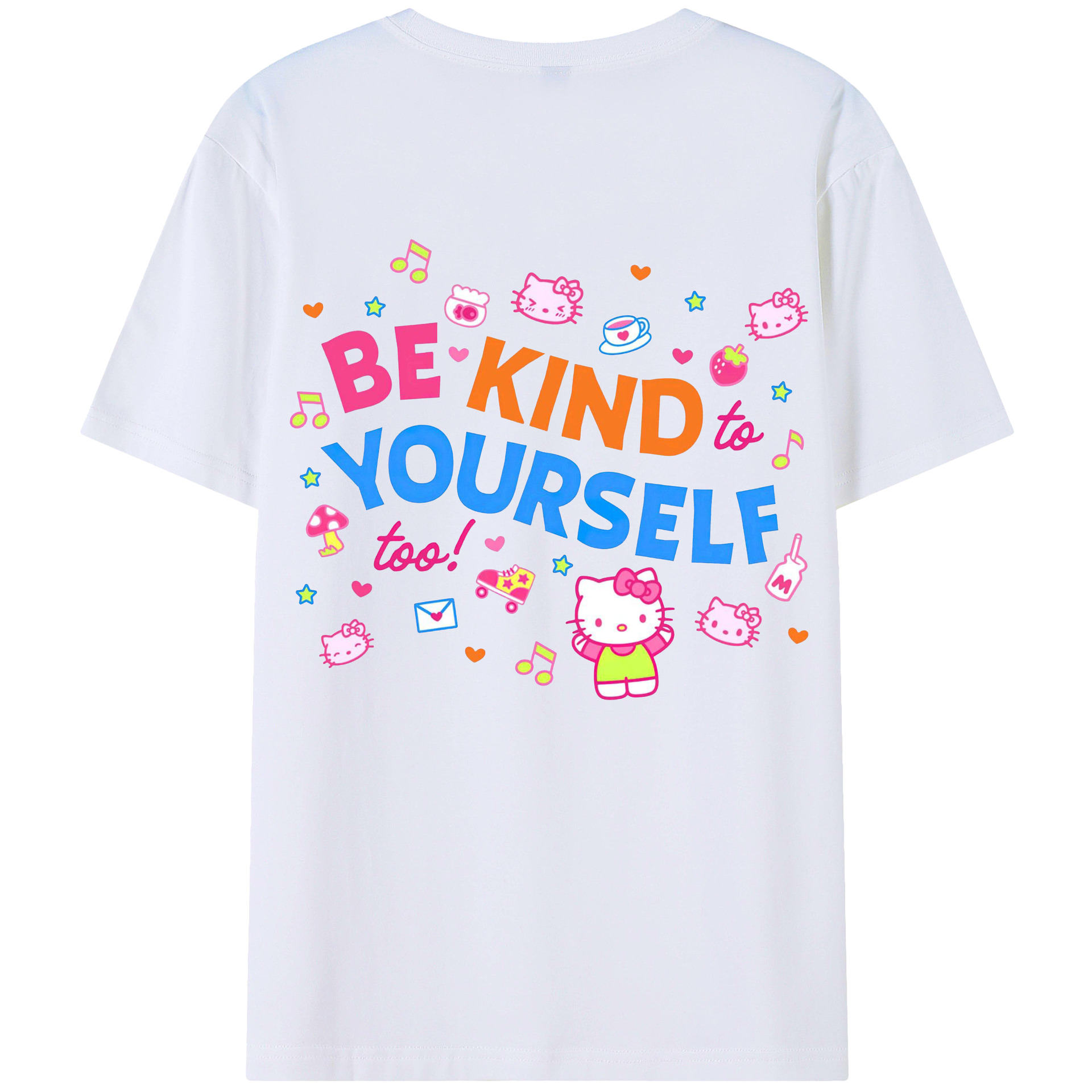 サンリオハローキティ - レディース半袖Tシャツ ・ 綿100％ ・ バックプリント ・ 強化クルーネック ・ 二重折り袖口 ・ 快適 通気性 ・ フィットネス カジュアル 旅行用