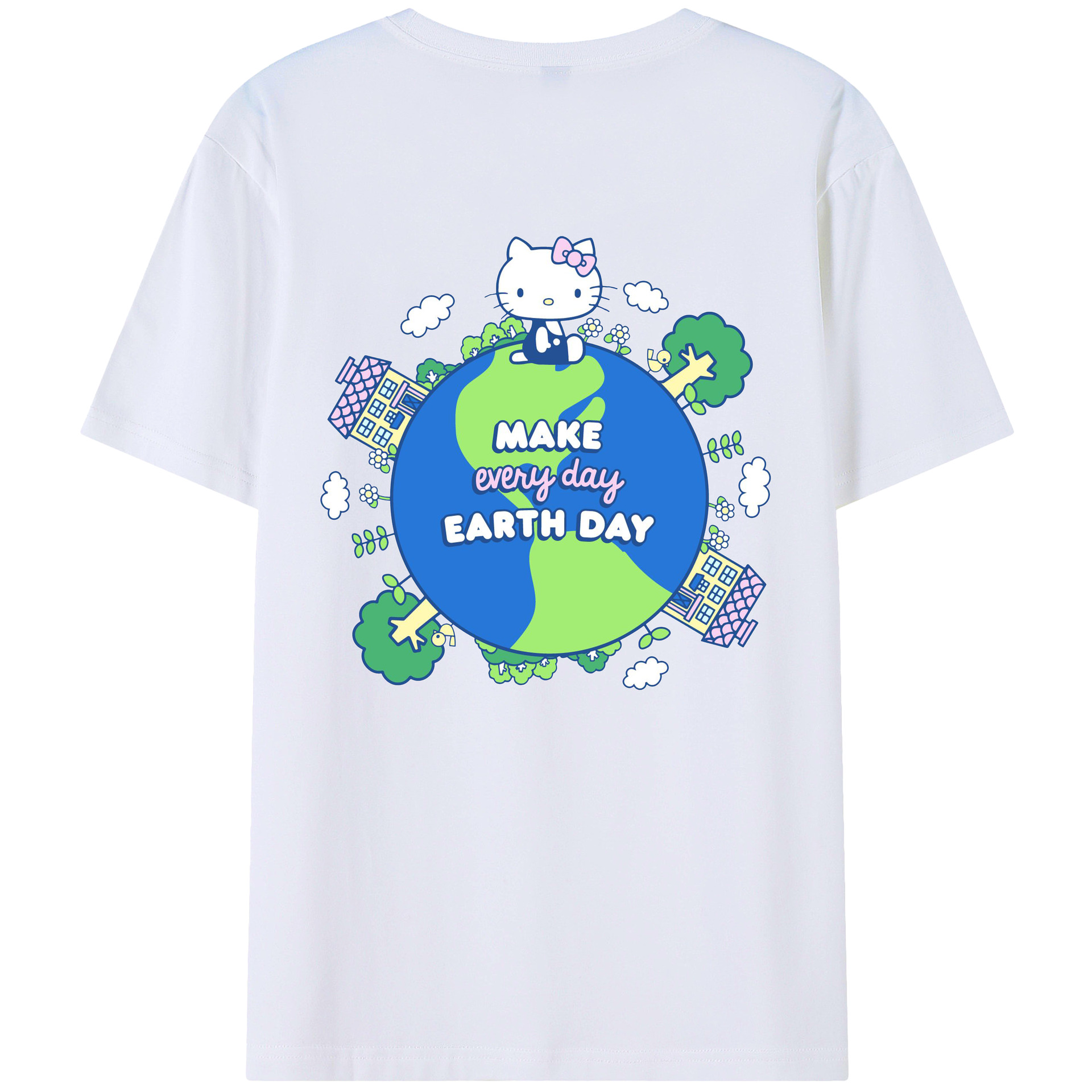 環境にやさしいハローキティ - レディース半袖Tシャツ ・ 綿100％ ・ バックプリント ・ 強化クルーネック ・ 二重折り袖口 ・ 快適 通気性 ・ フィットネス カジュアル 旅行用