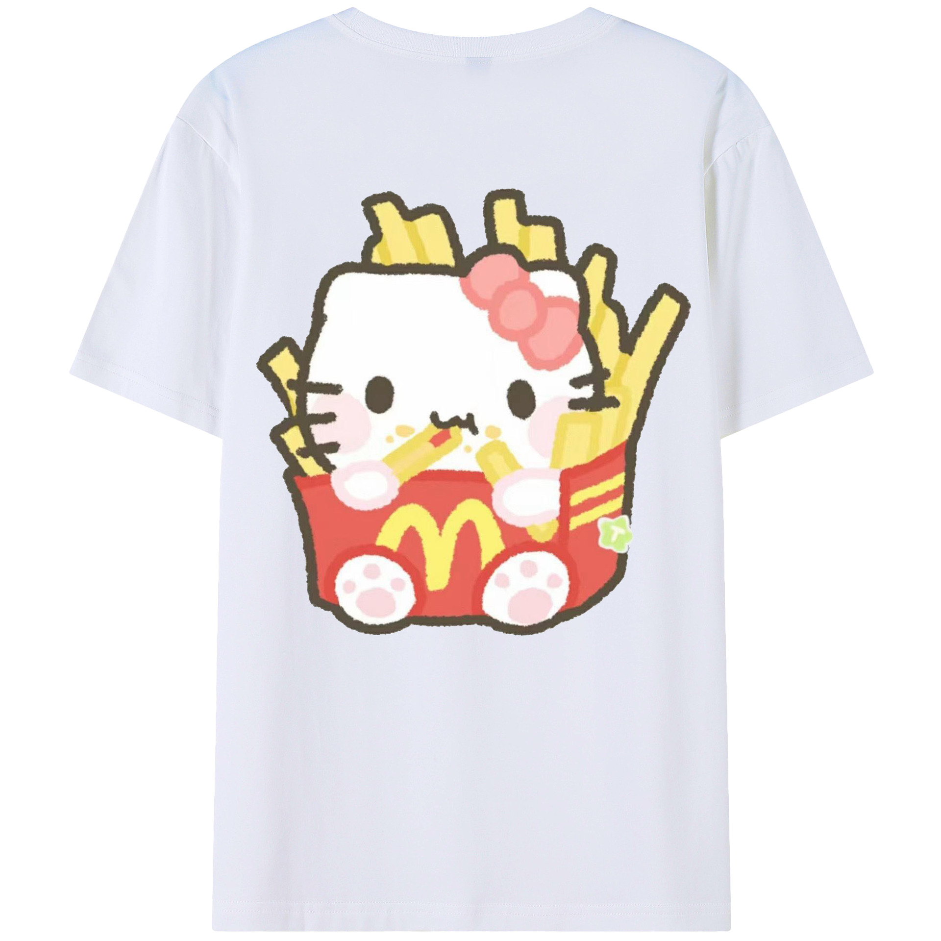 フライドポテトモチーフのハローキティ（ - レディース半袖Tシャツ ・ 綿100％ ・ バックプリント ・ 強化クルーネック ・ 二重折り袖口 ・ 快適 通気性 ・ フィットネス カジュアル 旅行用