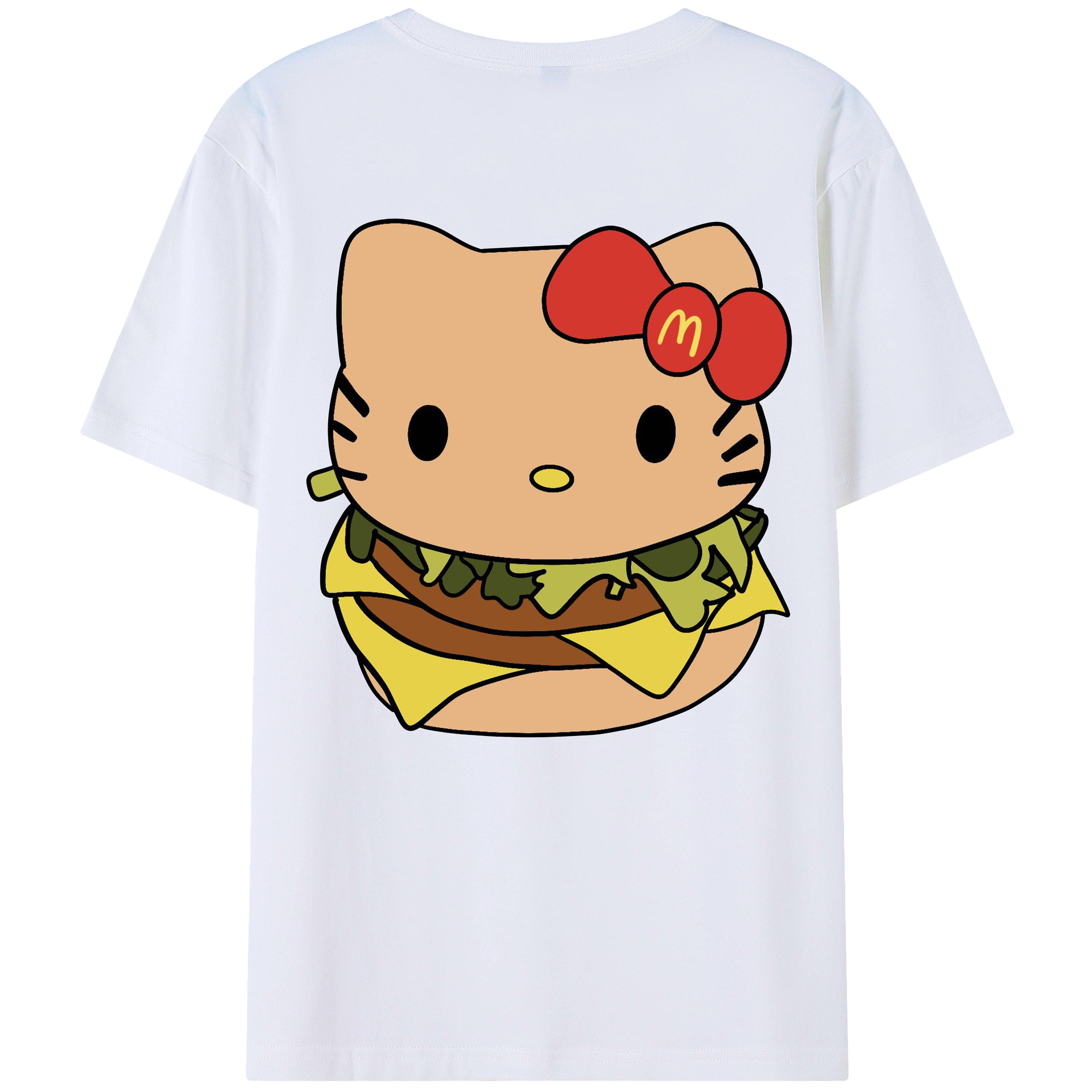 ハンバーガーモチーフのハローキティ - レディース半袖Tシャツ ・ 綿100％ ・ バックプリント ・ 強化クルーネック ・ 二重折り袖口 ・ 快適 通気性 ・ フィットネス カジュアル 旅行用