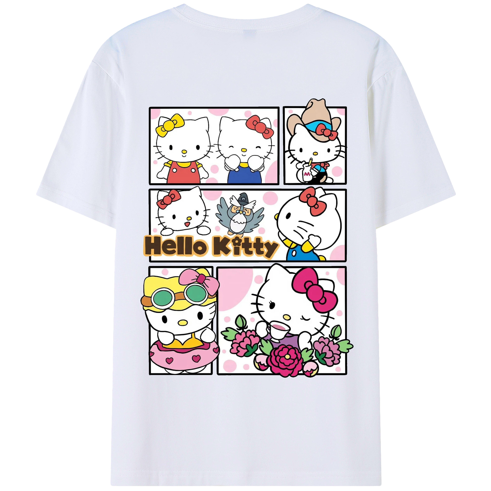 かわいいハローキティ - レディース半袖Tシャツ ・ 綿100％ ・ バックプリント ・ 強化クルーネック ・ 二重折り袖口 ・ 快適 通気性 ・ フィットネス カジュアル 旅行用