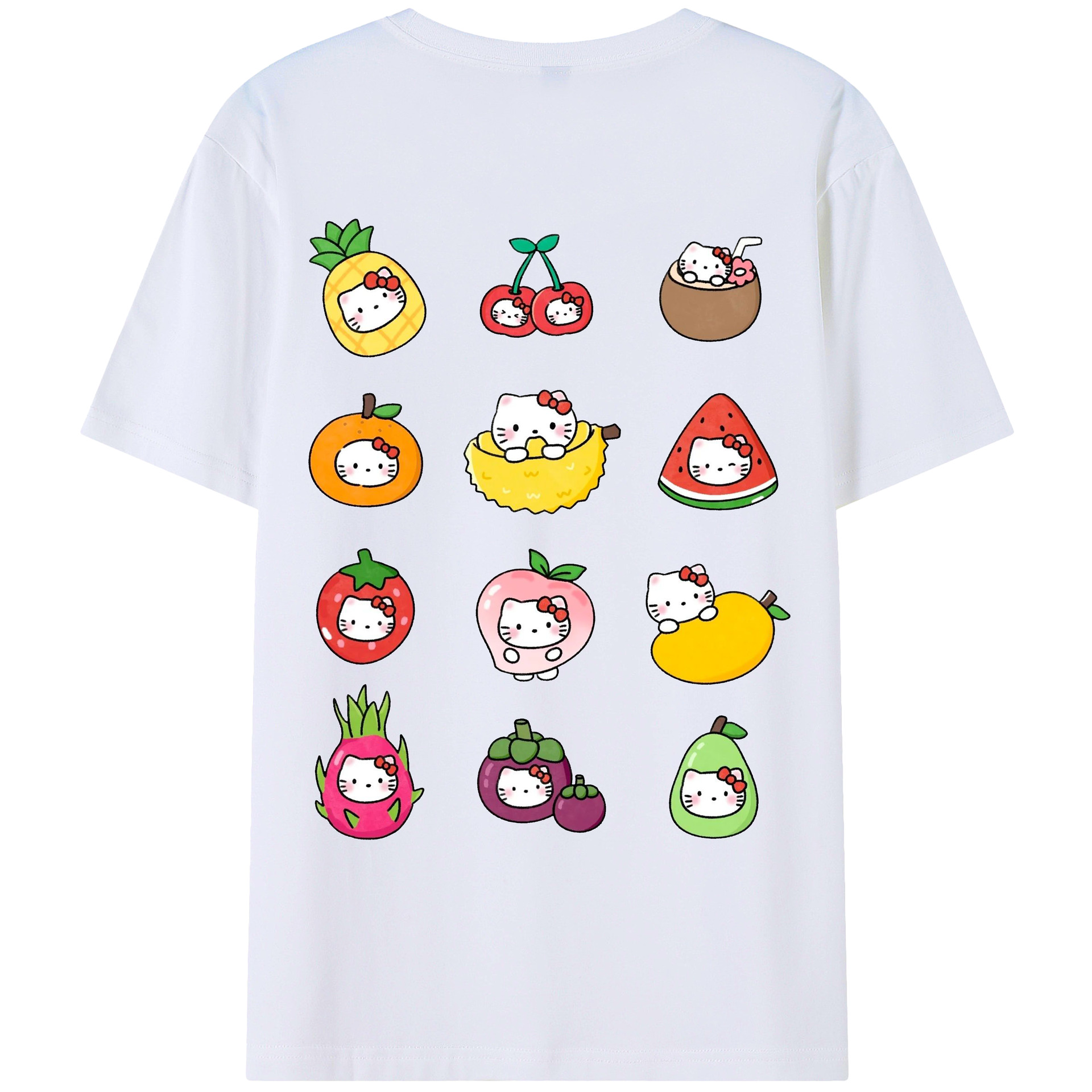 フルーツモチーフのハローキティ - レディース半袖Tシャツ ・ 綿100％ ・ バックプリント ・ 強化クルーネック ・ 二重折り袖口 ・ 快適 通気性 ・ フィットネス カジュアル 旅行用