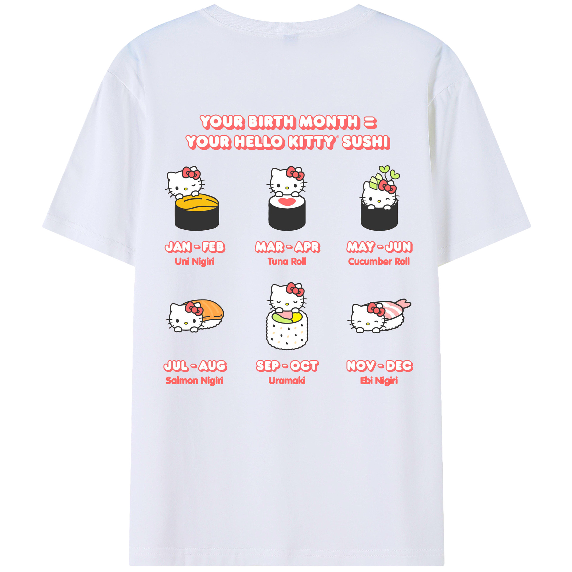 お寿司になったハローキティ - レディース半袖Tシャツ ・ 綿100％ ・ バックプリント ・ 強化クルーネック ・ 二重折り袖口 ・ 快適 通気性 ・ フィットネス カジュアル 旅行用