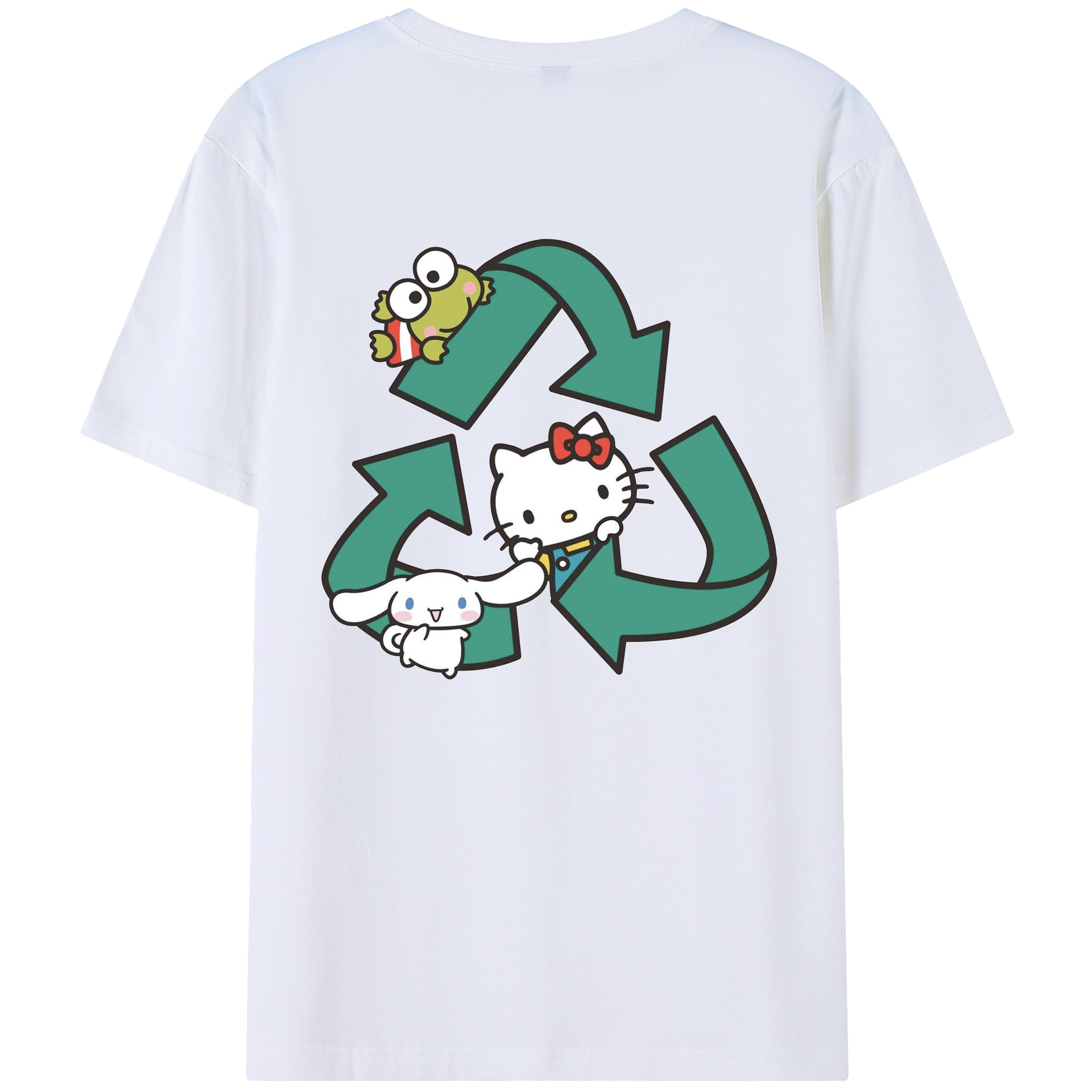 環境にやさしいハローキティ - レディース半袖Tシャツ ・ 綿100％ ・ バックプリント ・ 強化クルーネック ・ 二重折り袖口 ・ 快適 通気性 ・ フィットネス カジュアル 旅行用