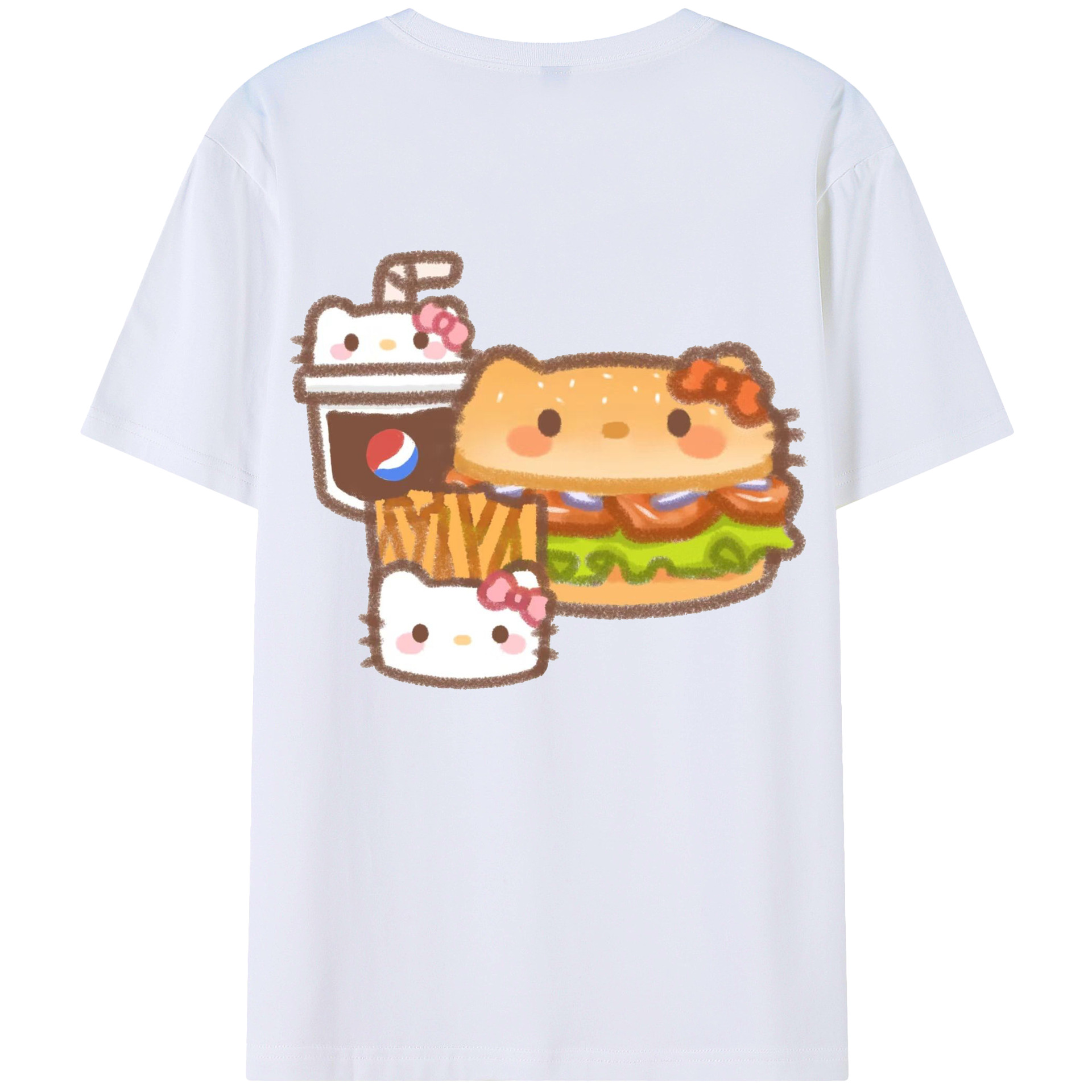 ハンバーガーになったハローキティ - レディース半袖Tシャツ ・ 綿100％ ・ バックプリント ・ 強化クルーネック ・ 二重折り袖口 ・ 快適 通気性 ・ フィットネス カジュアル 旅行用