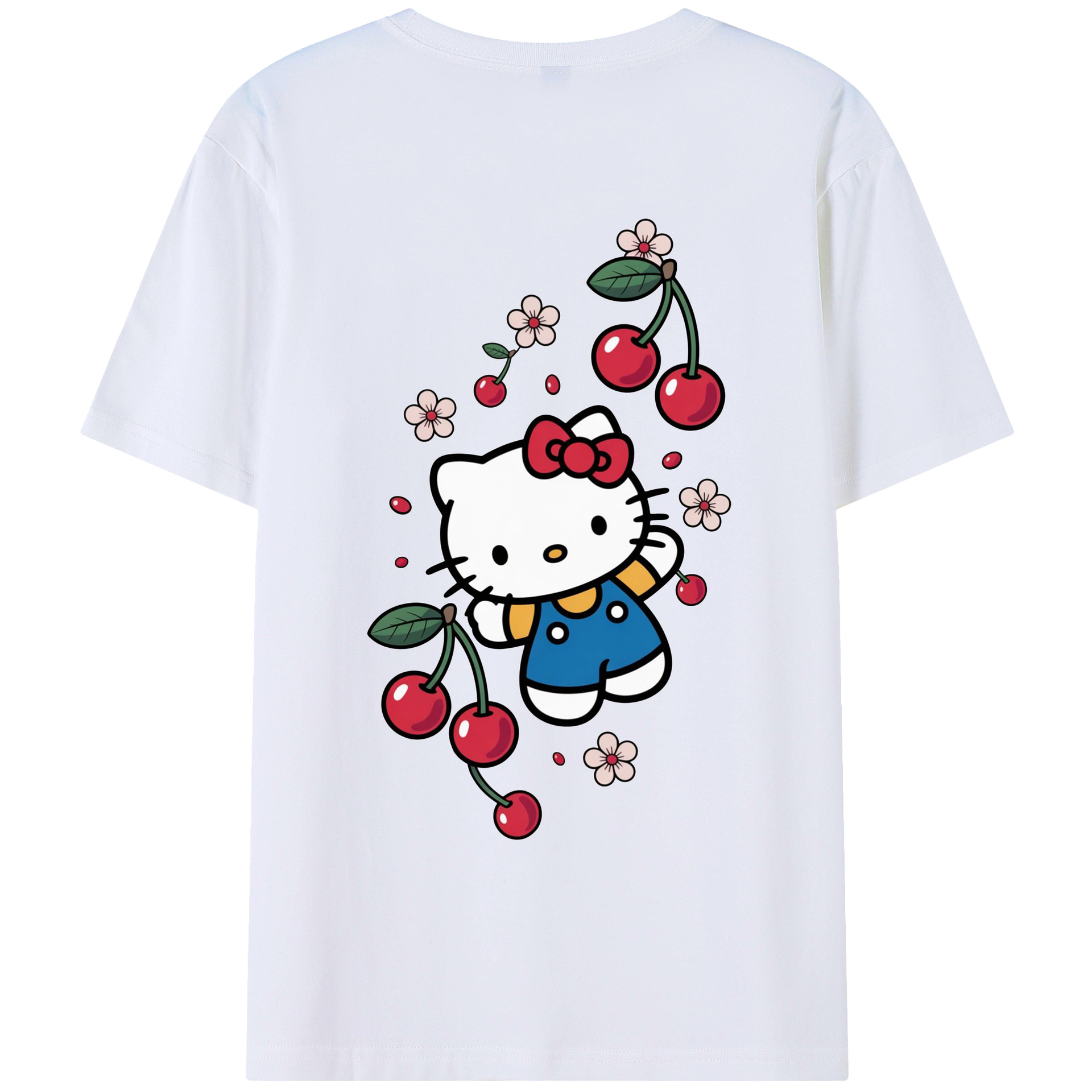 さくらんぼモチーフのハローキティ - レディース半袖Tシャツ ・ 綿100％ ・ バックプリント ・ 強化クルーネック ・ 二重折り袖口 ・ 快適 通気性 ・ フィットネス カジュアル 旅行用