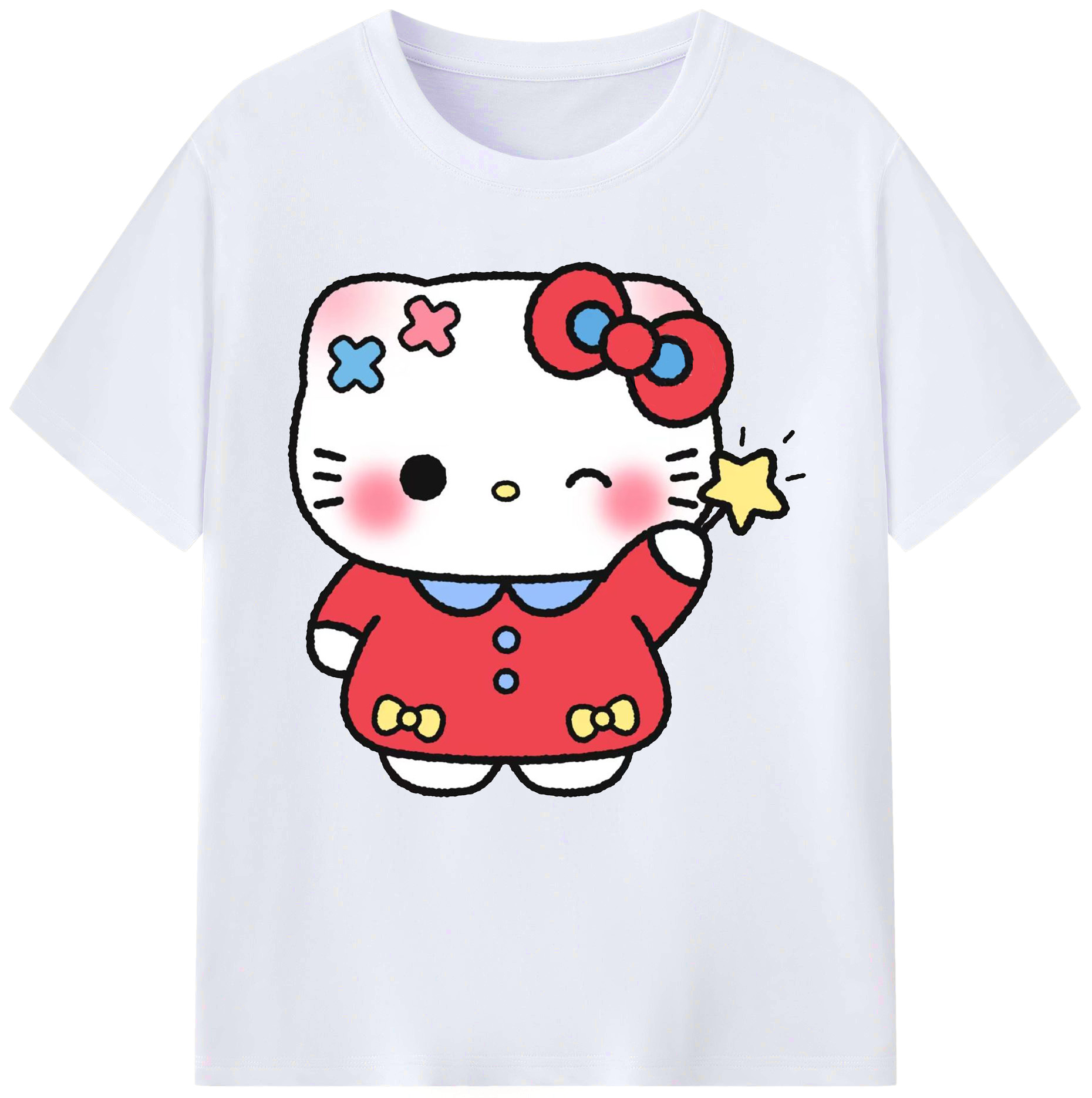 遊び心満載のハローキティ - レディースカジュアルプリントTシャツ ・ 綿100％ ・ クルーネック ・ フロントプリント ・ 柔らかく快適 ・ フィットネス カジュアル 旅行用