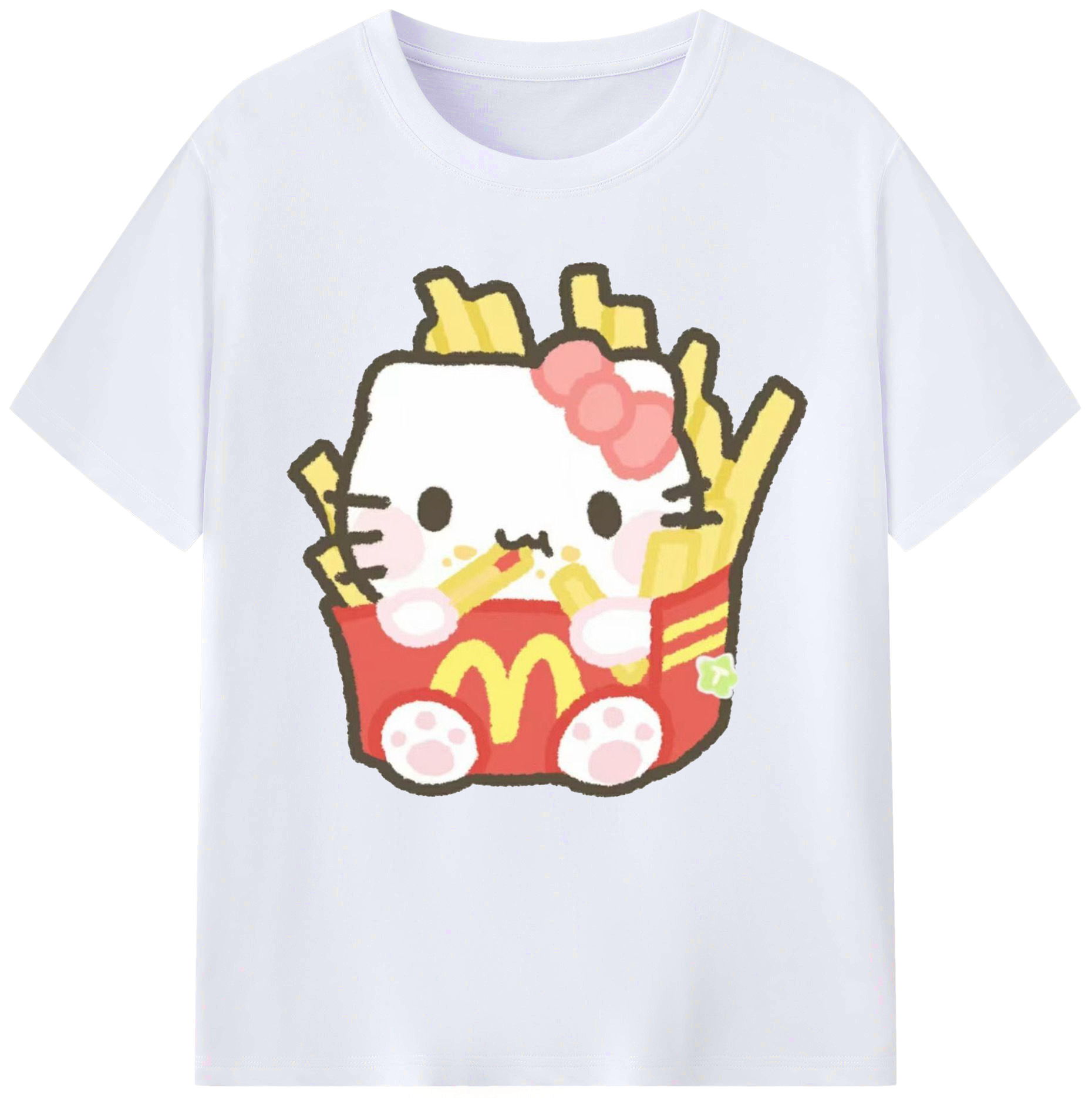 フライドポテトモチーフのハローキティ（ - レディースカジュアルプリントTシャツ ・ 綿100％ ・ クルーネック ・ フロントプリント ・ 柔らかく快適 ・ フィットネス カジュアル 旅行用