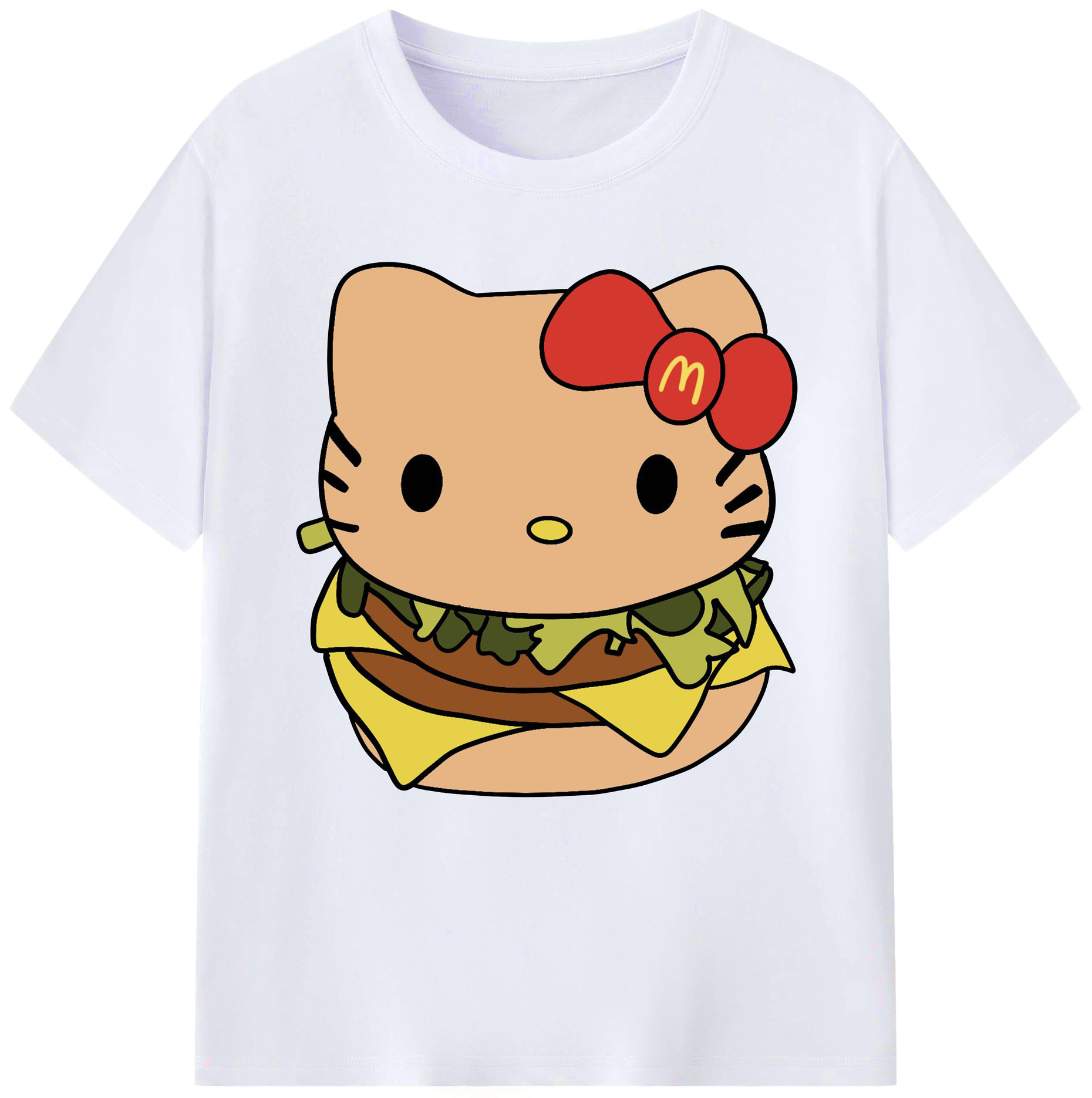 ハンバーガーモチーフのハローキティ - レディースカジュアルプリントTシャツ ・ 綿100％ ・ クルーネック ・ フロントプリント ・ 柔らかく快適 ・ フィットネス カジュアル 旅行用