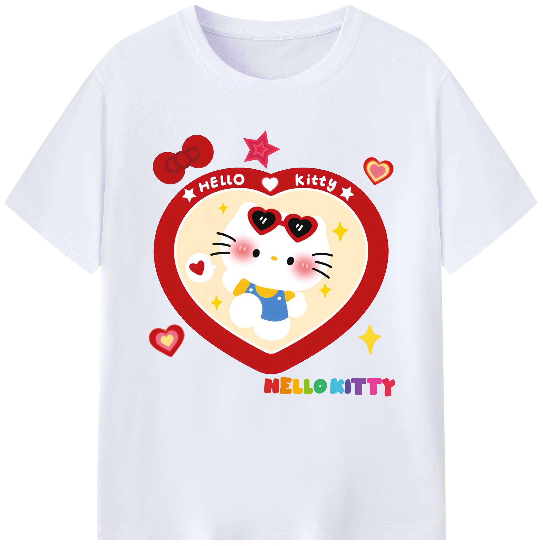 とびきりキュートなハローキティ - レディースカジュアルプリントTシャツ ・ 綿100％ ・ クルーネック ・ フロントプリント ・ 柔らかく快適 ・ フィットネス カジュアル 旅行用