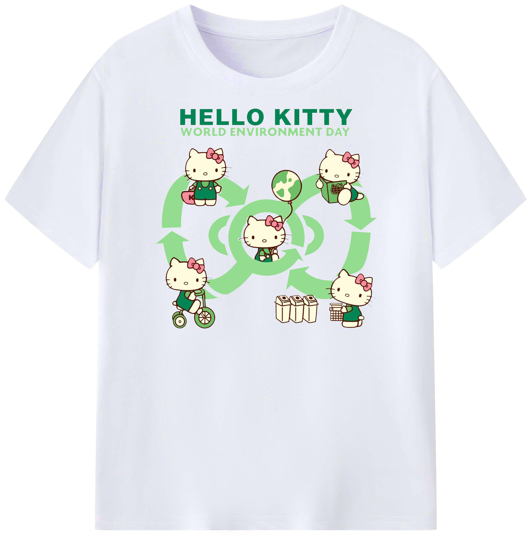 環境にやさしいハローキティ - レディースカジュアルプリントTシャツ ・ 綿100％ ・ クルーネック ・ フロントプリント ・ 柔らかく快適 ・ フィットネス カジュアル 旅行用