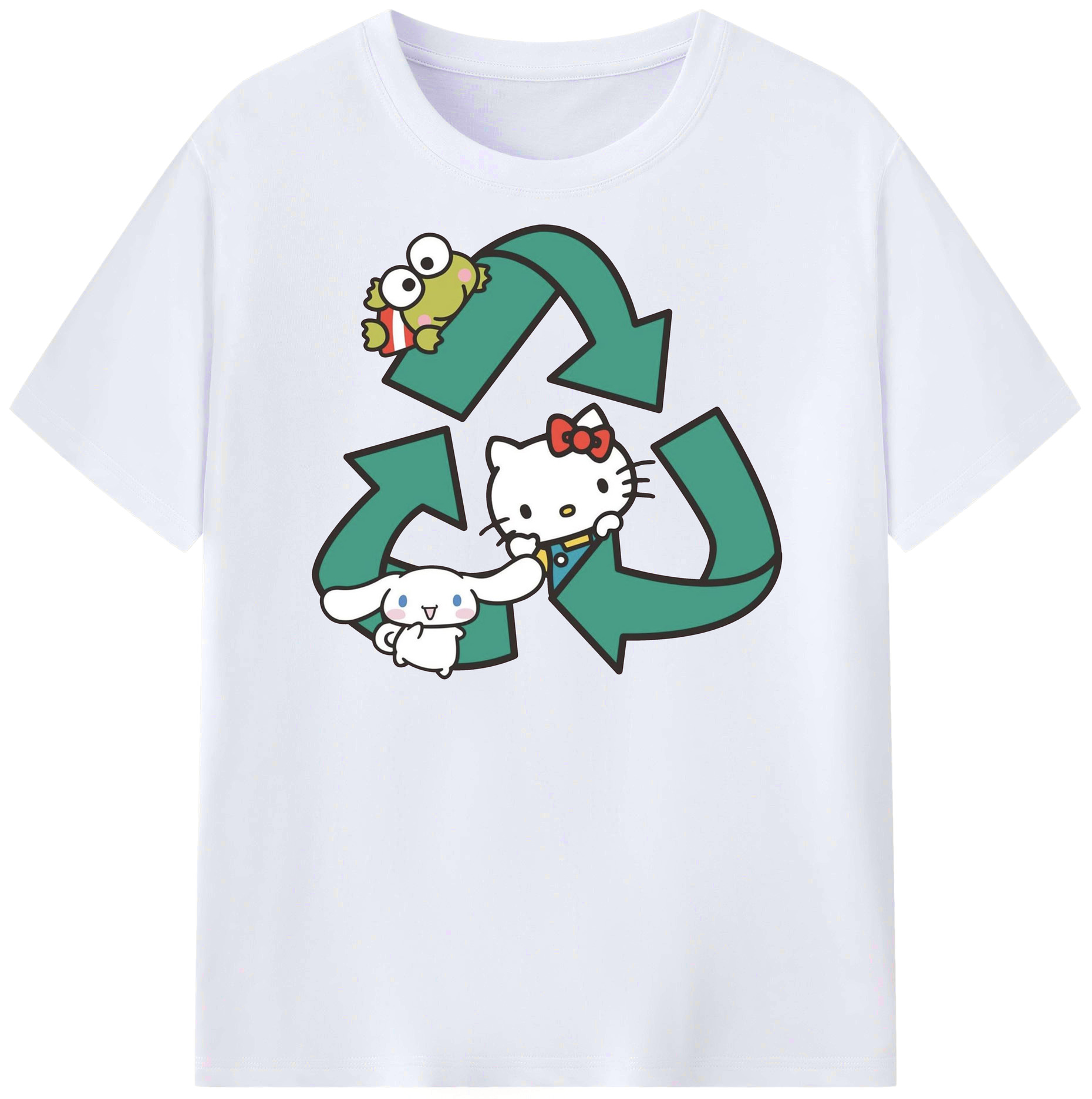 環境にやさしいハローキティ - レディースカジュアルプリントTシャツ ・ 綿100％ ・ クルーネック ・ フロントプリント ・ 柔らかく快適 ・ フィットネス カジュアル 旅行用