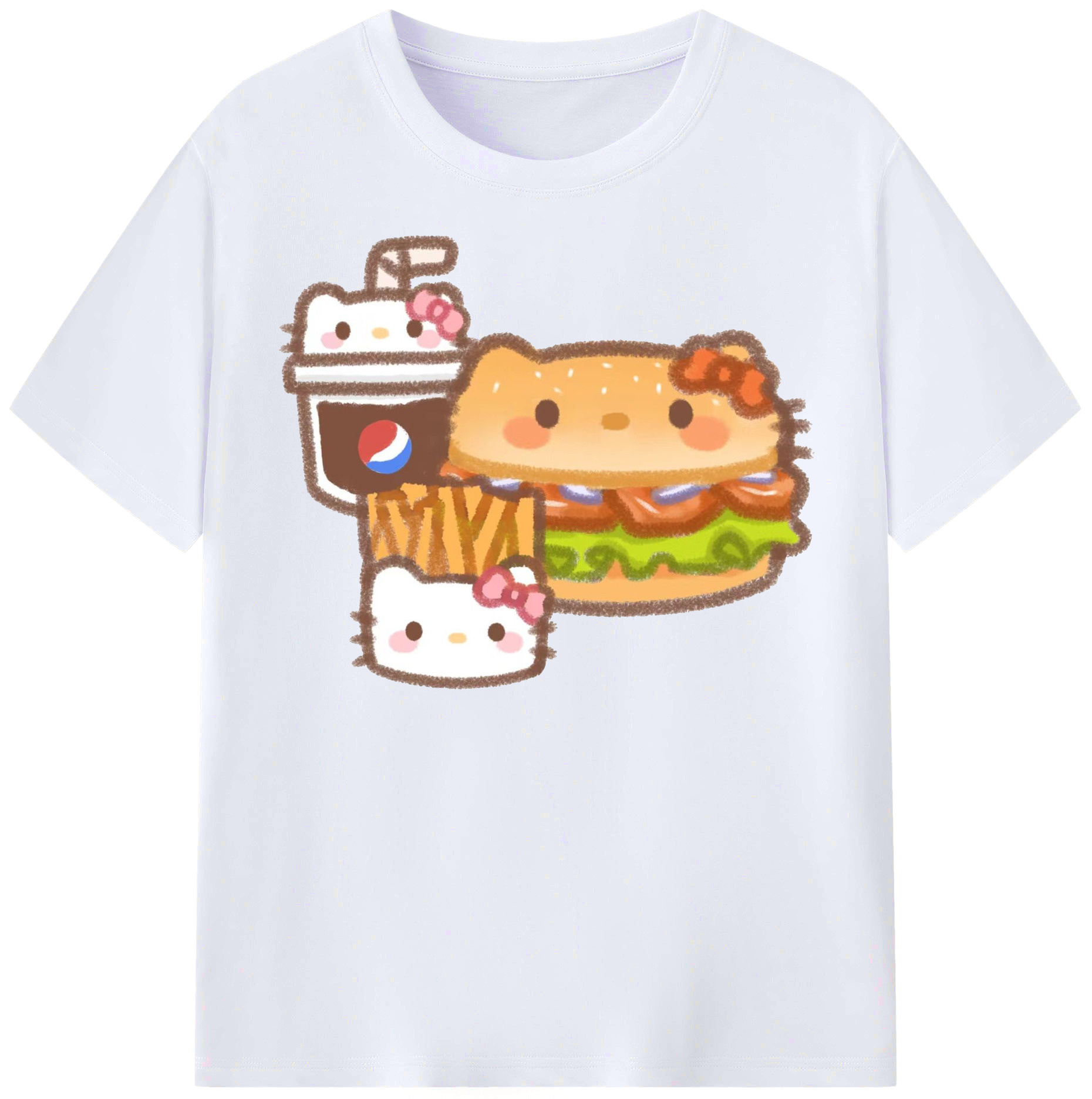 ハンバーガーになったハローキティ - レディースカジュアルプリントTシャツ ・ 綿100％ ・ クルーネック ・ フロントプリント ・ 柔らかく快適 ・ フィットネス カジュアル 旅行用