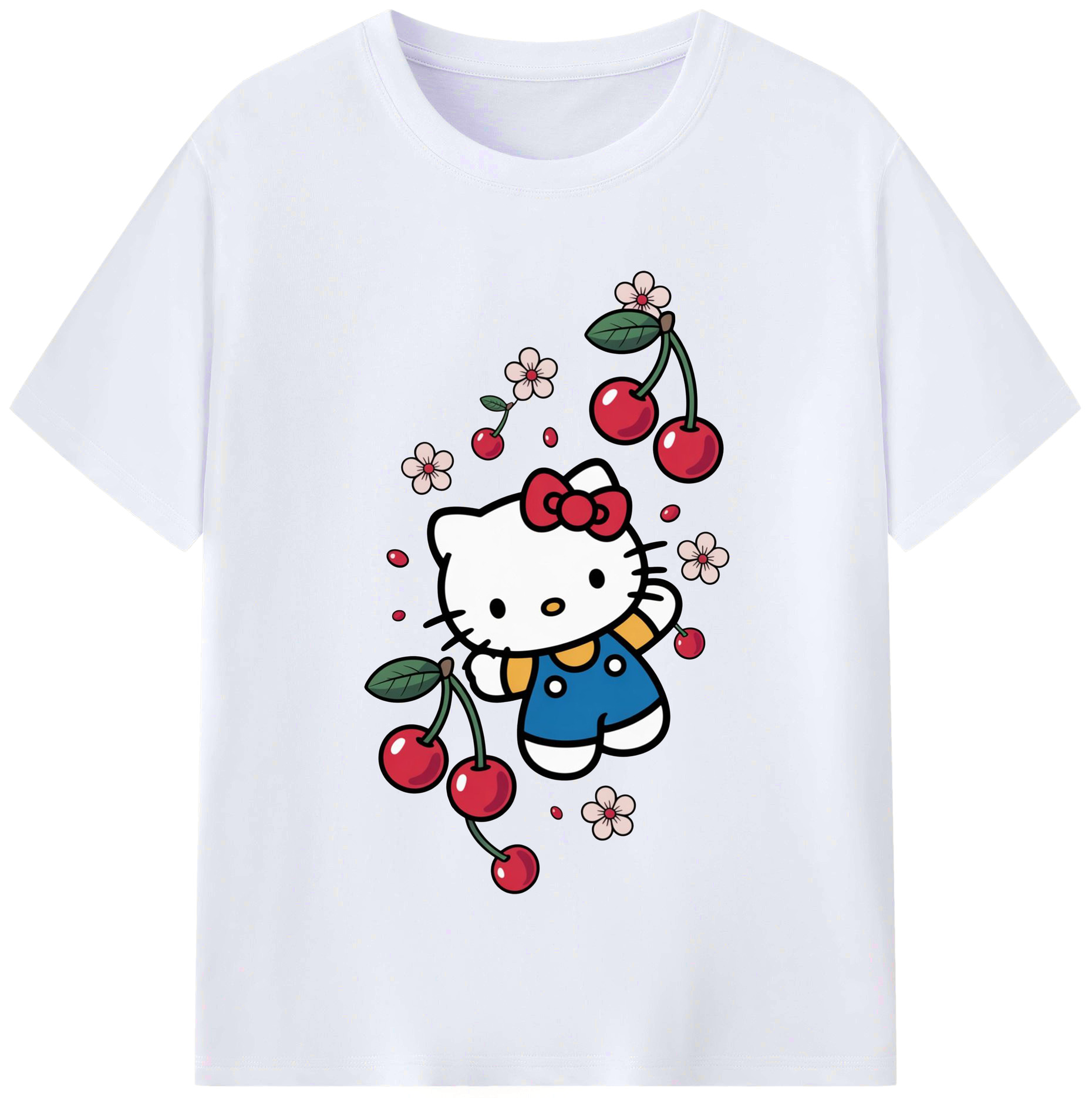 さくらんぼモチーフのハローキティ - レディースカジュアルプリントTシャツ ・ 綿100％ ・ クルーネック ・ フロントプリント ・ 柔らかく快適 ・ フィットネス カジュアル 旅行用