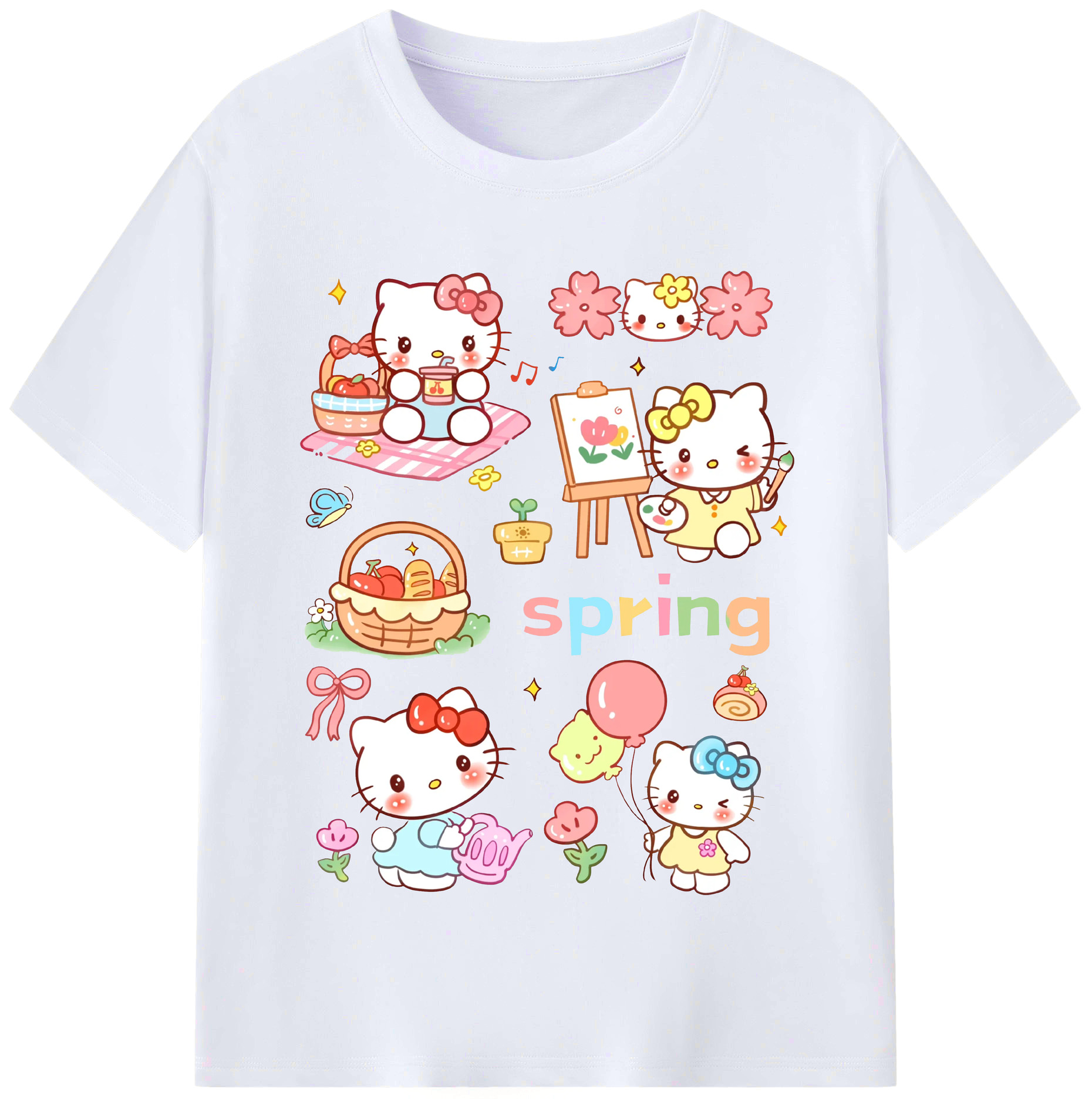 とびきりキュートなハローキティ - レディースカジュアルプリントTシャツ ・ 綿100％ ・ クルーネック ・ フロントプリント ・ 柔らかく快適 ・ フィットネス カジュアル 旅行用