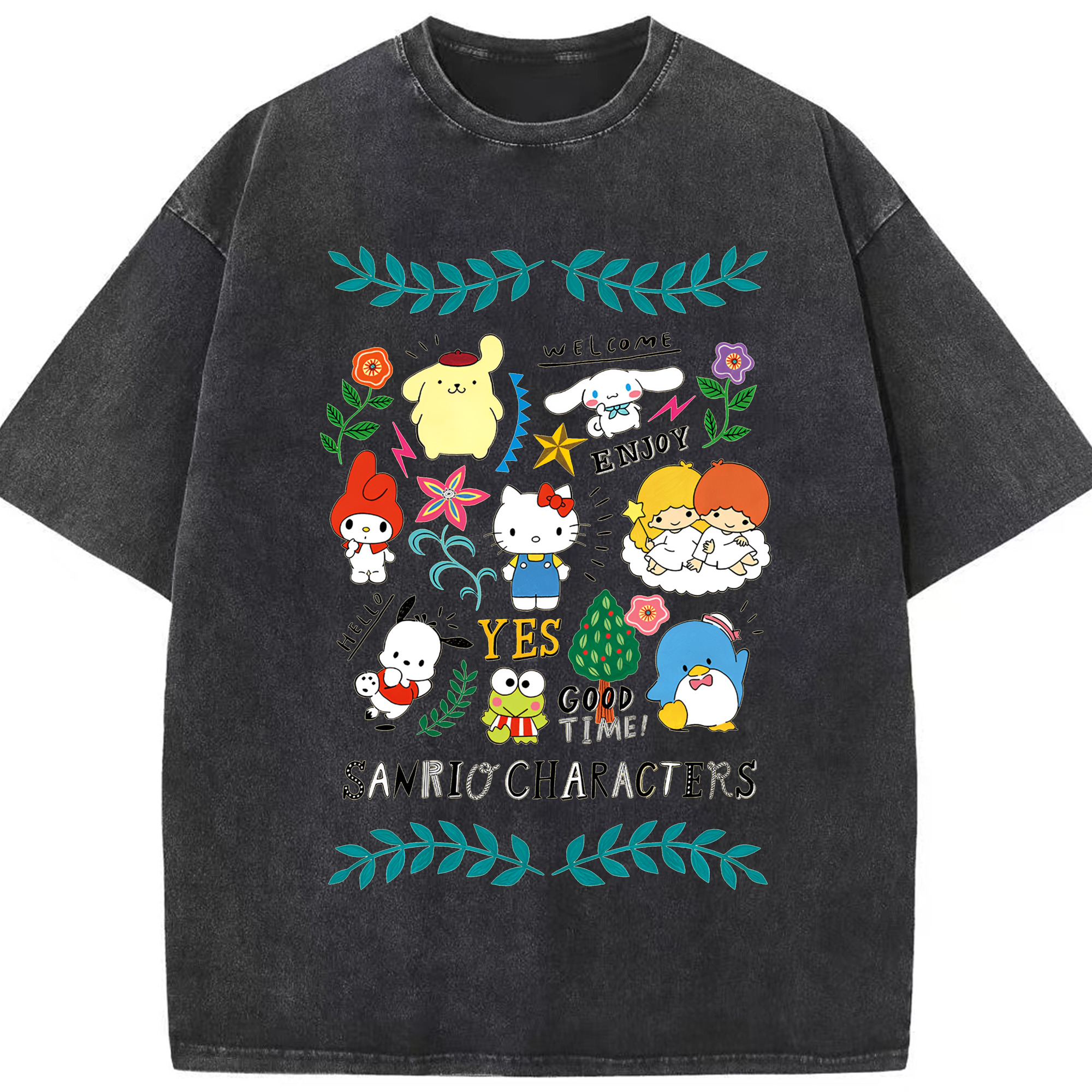 おもしろサンリオ - 綿100％ ヴィンテージ風 半袖Tシャツ ・ フロントプリント ・ 柔らか肌触り ・ 通気性 快適 ・ スポーツ カジュアル 外出用