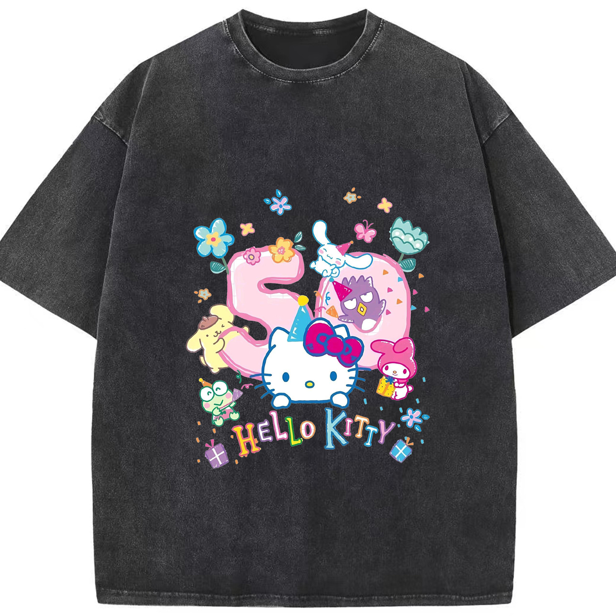 キティちゃんとなかまたち大集合♪ - 綿100％ ヴィンテージ風 半袖Tシャツ ・ フロントプリント ・ 柔らか肌触り ・ 通気性 快適 ・ スポーツ カジュアル 外出用