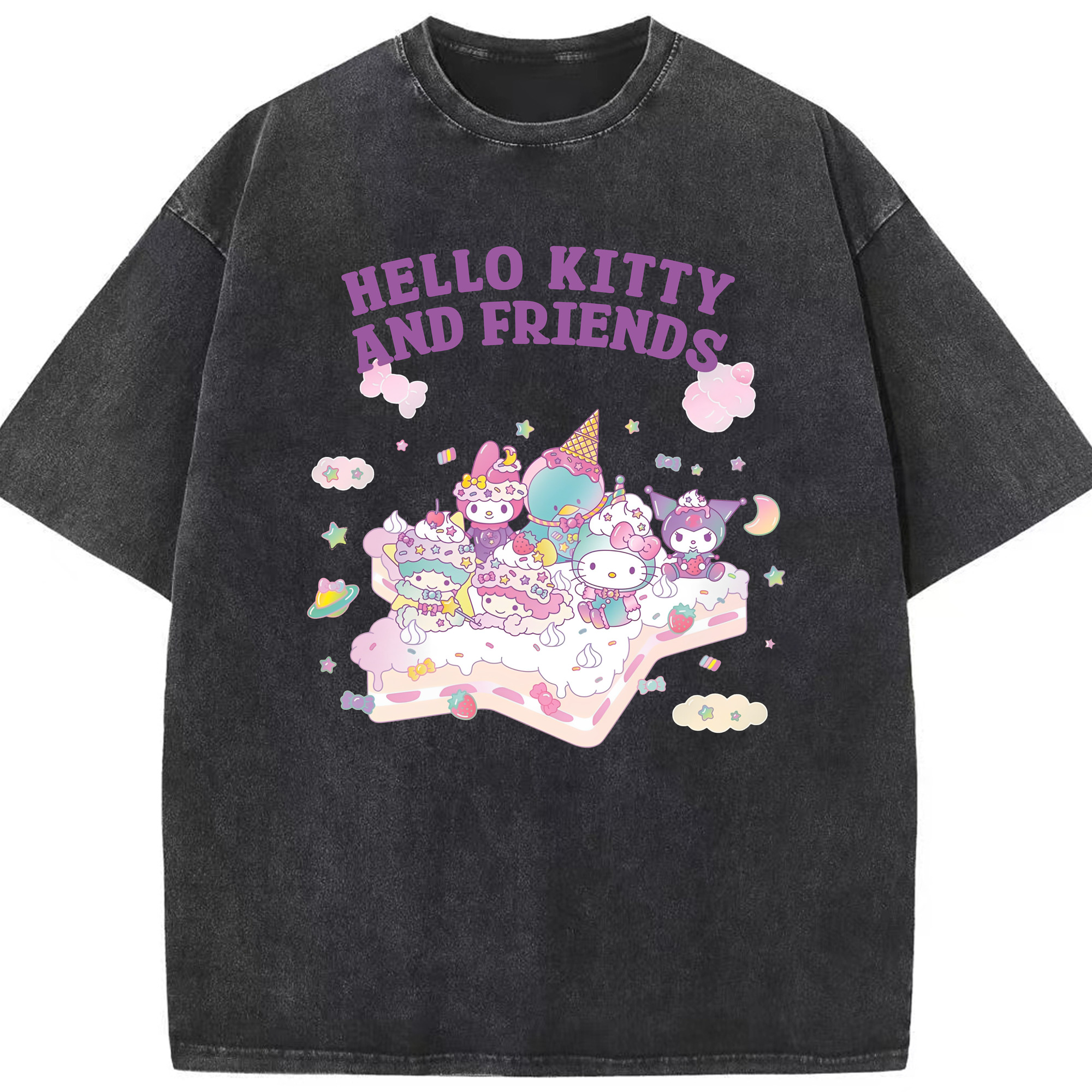 キティちゃんとなかまたち大集合♪ - 綿100％ ヴィンテージ風 半袖Tシャツ ・ フロントプリント ・ 柔らか肌触り ・ 通気性 快適 ・ スポーツ カジュアル 外出用