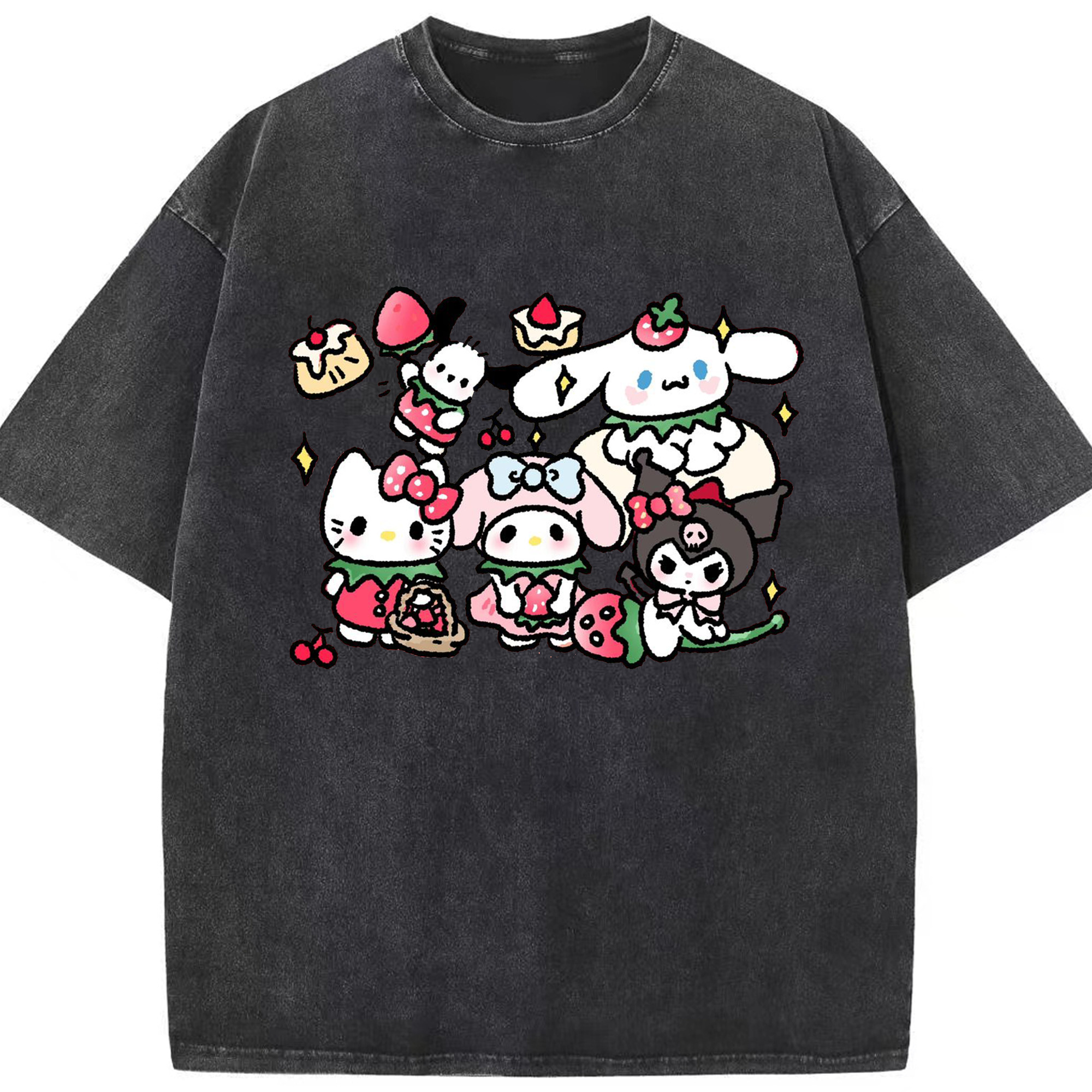 かわいい系サンリオ - 綿100％ ヴィンテージ風 半袖Tシャツ ・ フロントプリント ・ 柔らか肌触り ・ 通気性 快適 ・ スポーツ カジュアル 外出用