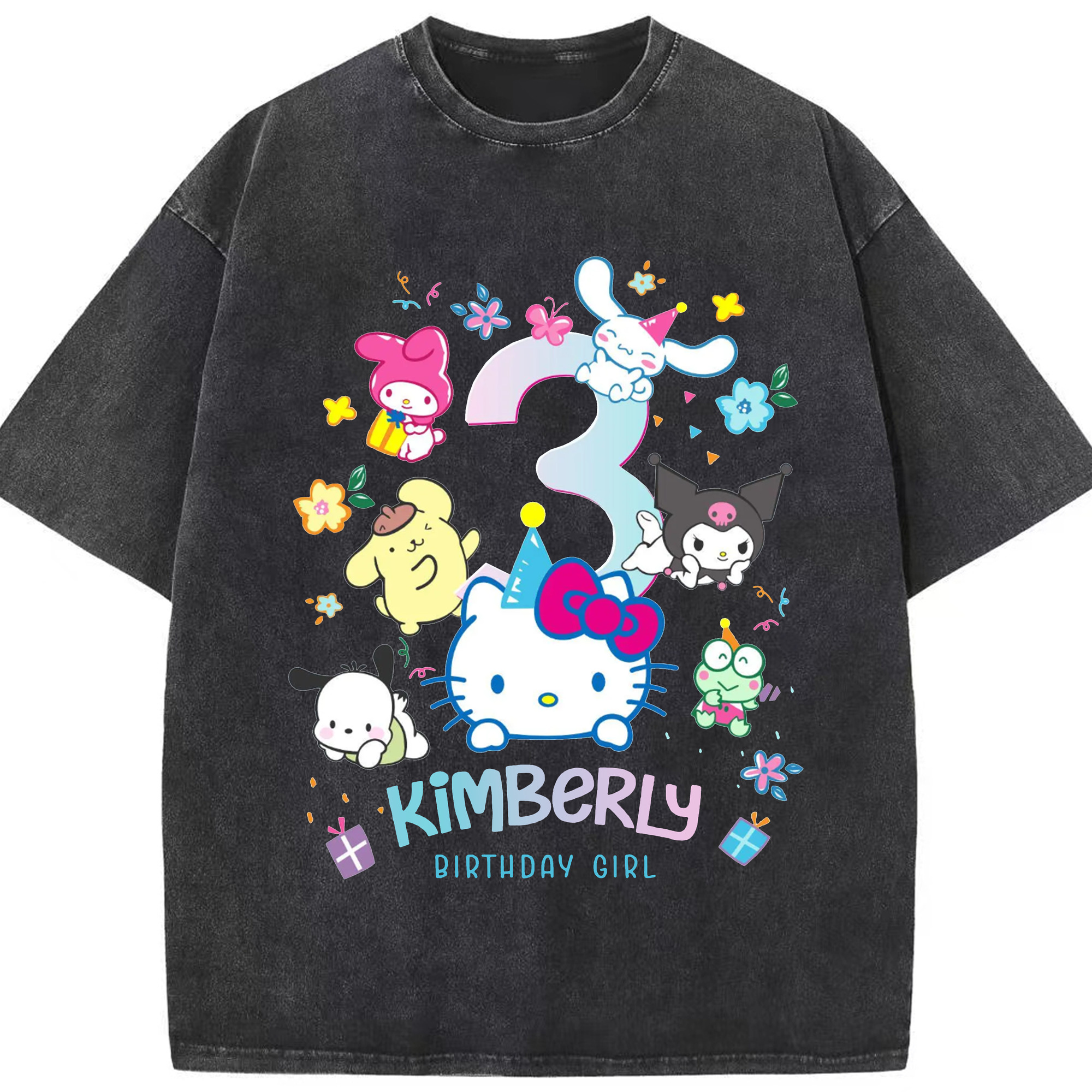 キティちゃんとなかまたち大集合♪ - 綿100％ ヴィンテージ風 半袖Tシャツ ・ フロントプリント ・ 柔らか肌触り ・ 通気性 快適 ・ スポーツ カジュアル 外出用