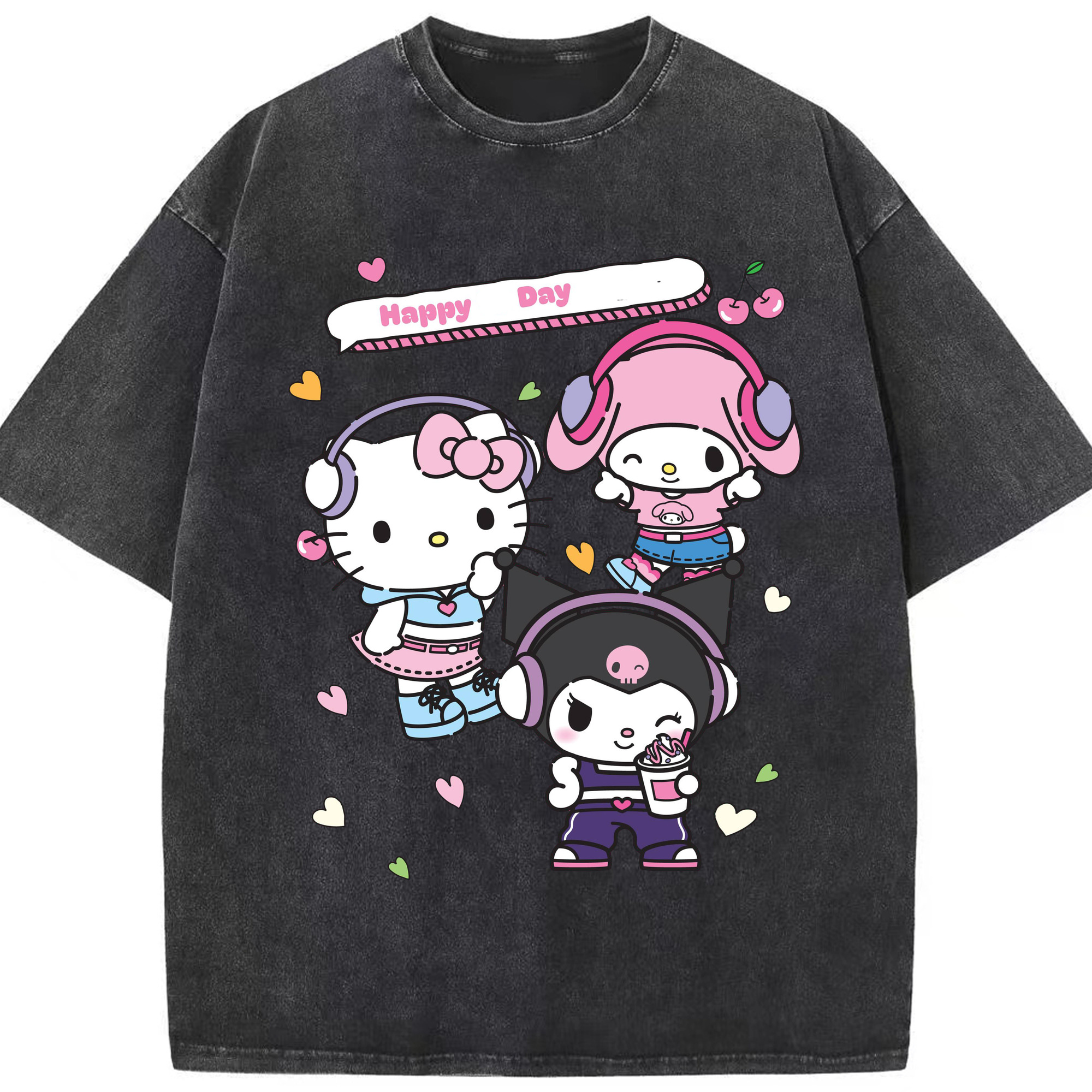 音楽を聴くサンリオキャラ - 綿100％ ヴィンテージ風 半袖Tシャツ ・ フロントプリント ・ 柔らか肌触り ・ 通気性 快適 ・ スポーツ カジュアル 外出用