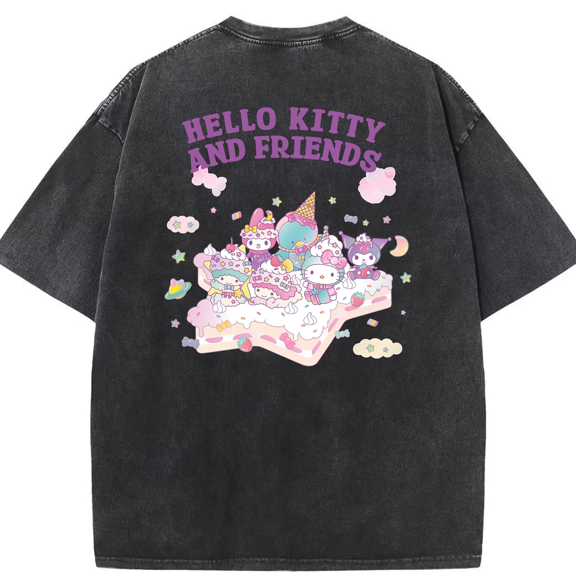 キティちゃんとなかまたち大集合♪ - 綿100％ ヴィンテージ風 半袖Tシャツ ・ 背面プリント ・ 柔らか肌触り ・ 通気性 快適 ・ スポーツ カジュアル 外出用