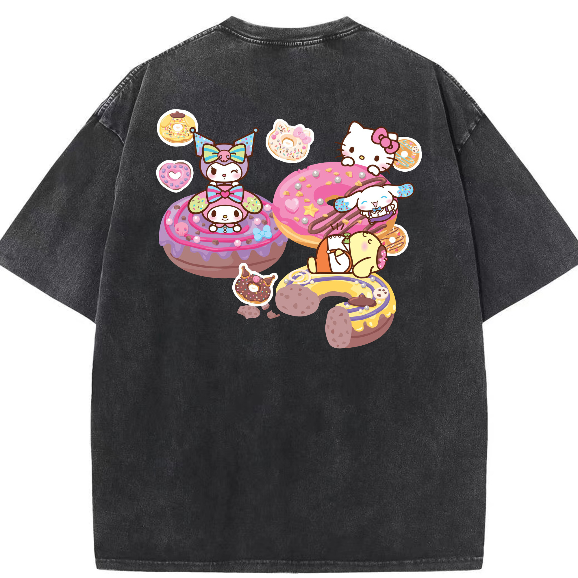 ドーナツ×サンリオ - 綿100％ ヴィンテージ風 半袖Tシャツ ・ 背面プリント ・ 柔らか肌触り ・ 通気性 快適 ・ スポーツ カジュアル 外出用