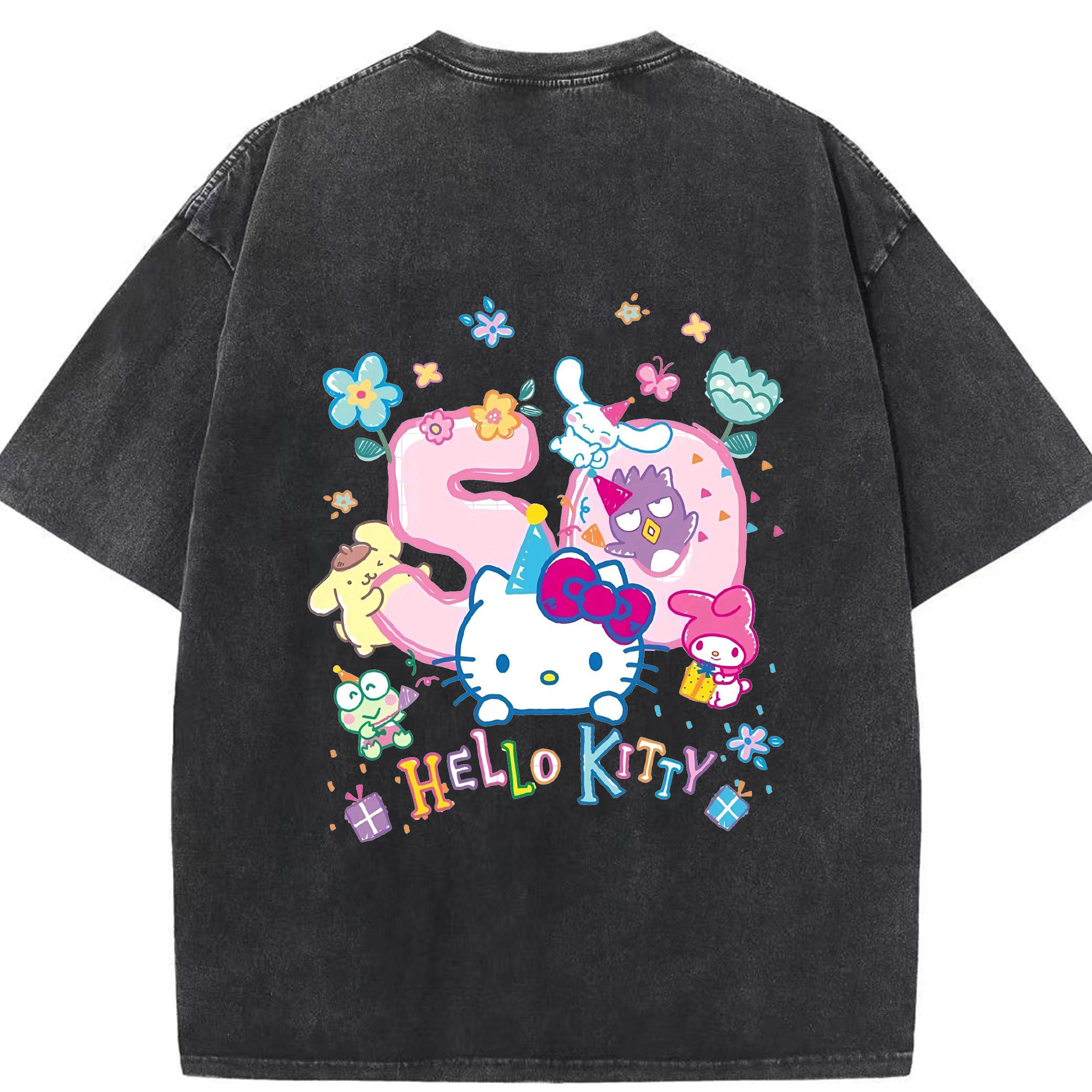 キティちゃんとなかまたち大集合♪ - 綿100％ ヴィンテージ風 半袖Tシャツ ・ 背面プリント ・ 柔らか肌触り ・ 通気性 快適 ・ スポーツ カジュアル 外出用