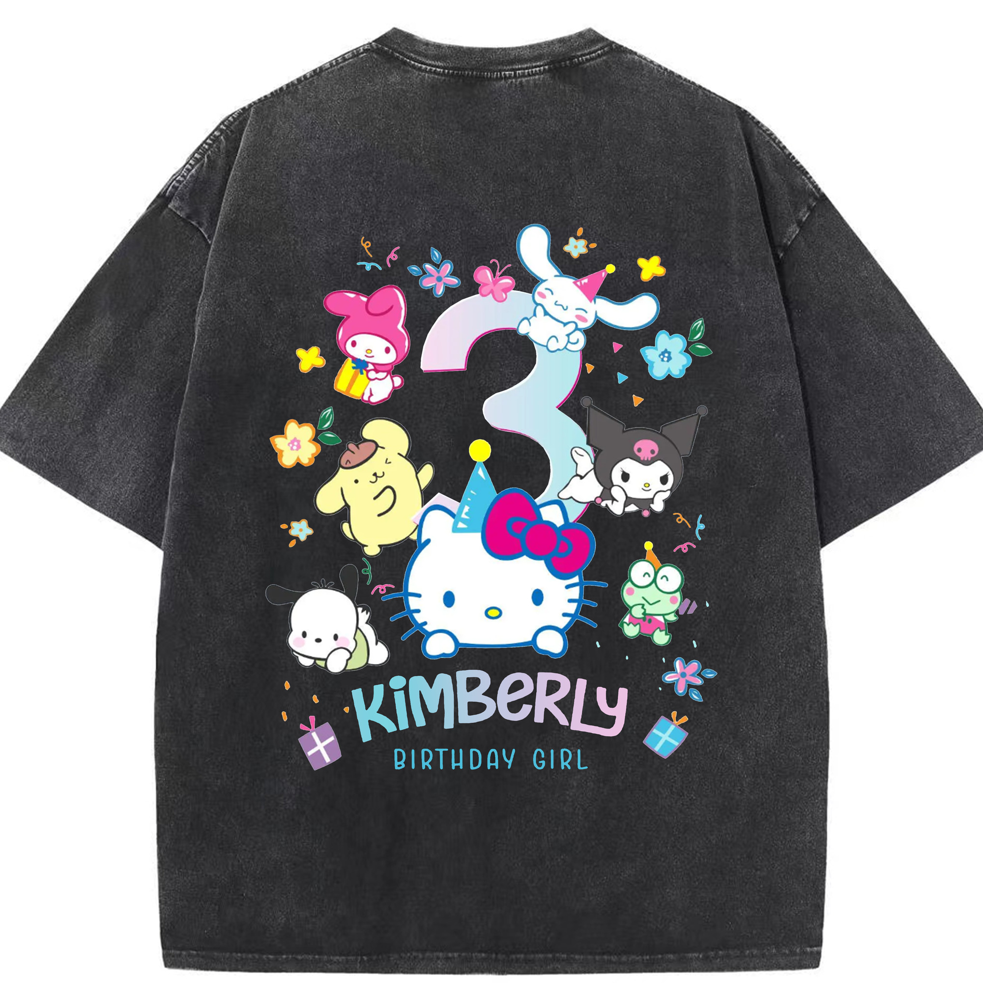 キティちゃんとなかまたち大集合♪ - 綿100％ ヴィンテージ風 半袖Tシャツ ・ 背面プリント ・ 柔らか肌触り ・ 通気性 快適 ・ スポーツ カジュアル 外出用