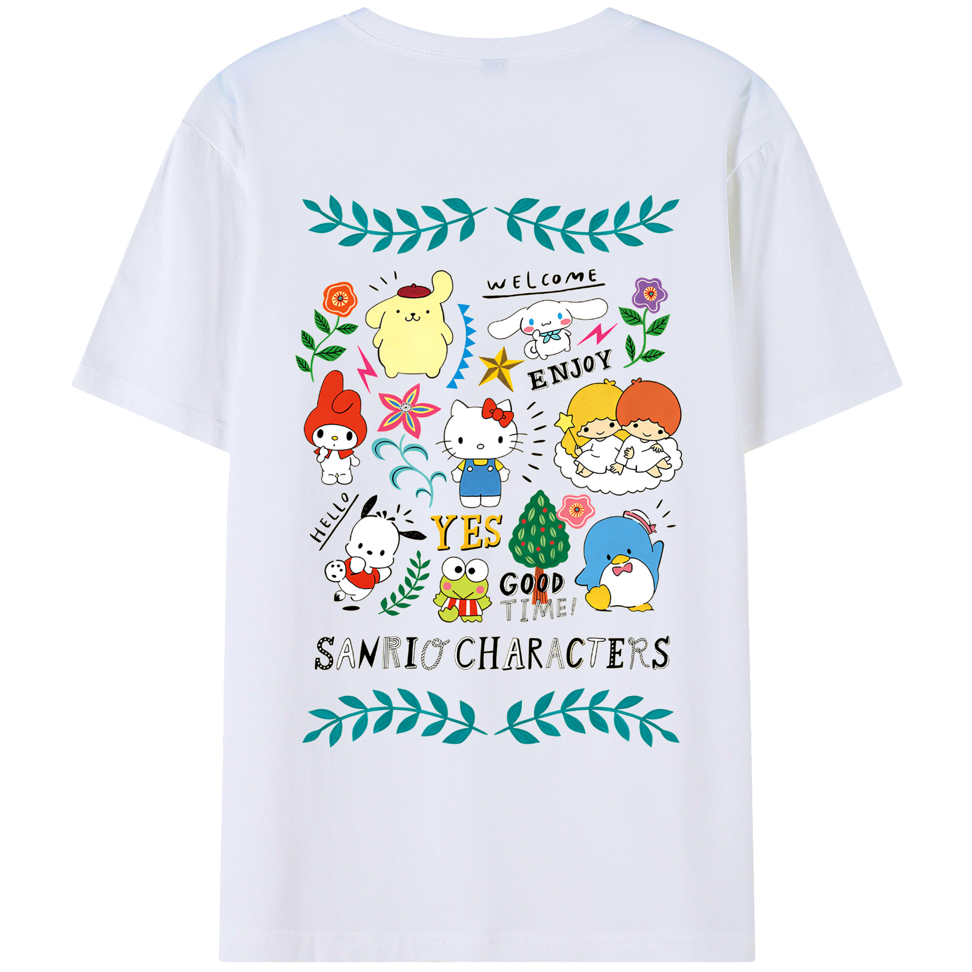 おもしろサンリオ - レディース半袖Tシャツ ・ 綿100％ ・ バックプリント ・ 強化クルーネック ・ 二重折り袖口 ・ 快適 通気性 ・ フィットネス カジュアル 旅行用