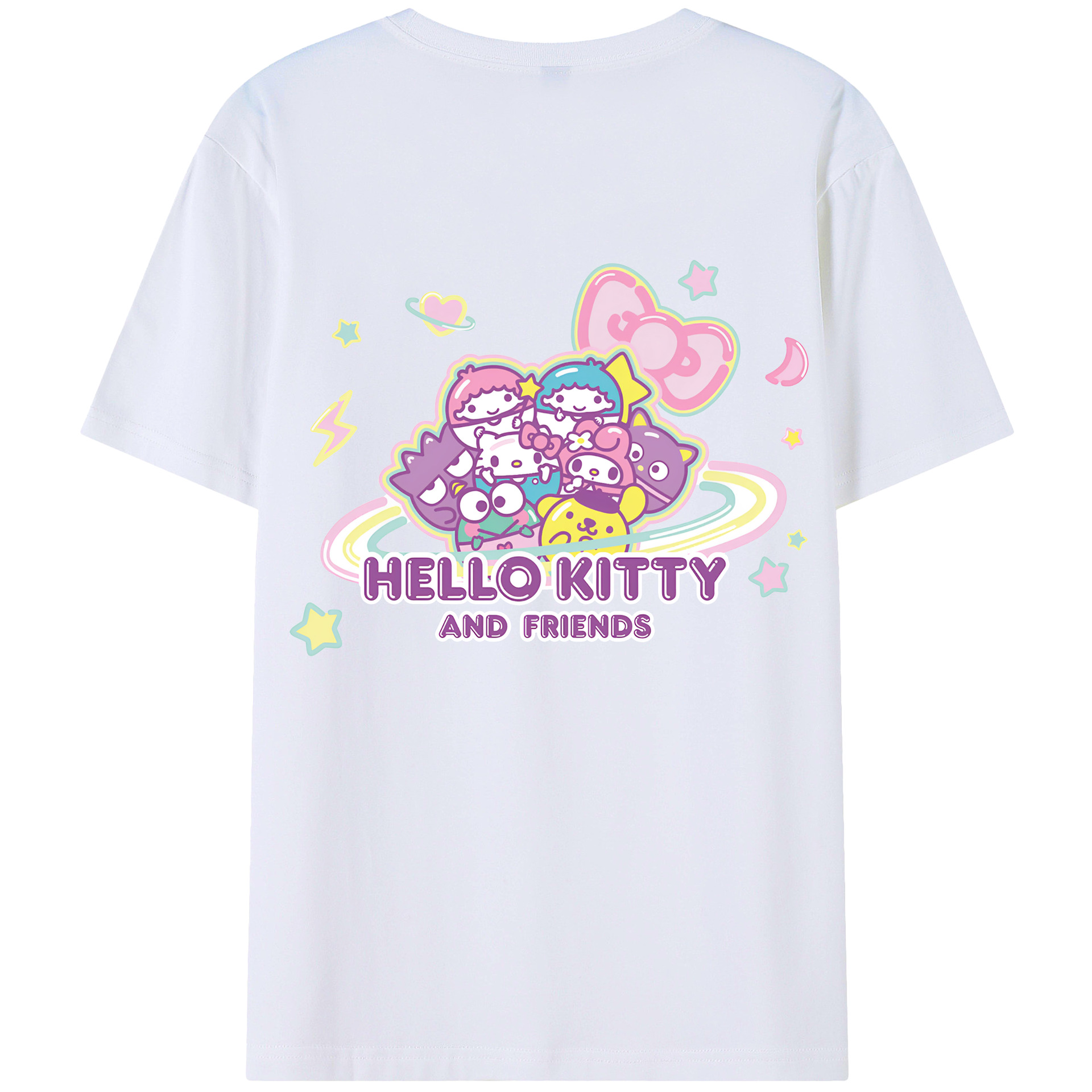 スイート系サンリオ - レディース半袖Tシャツ ・ 綿100％ ・ バックプリント ・ 強化クルーネック ・ 二重折り袖口 ・ 快適 通気性 ・ フィットネス カジュアル 旅行用