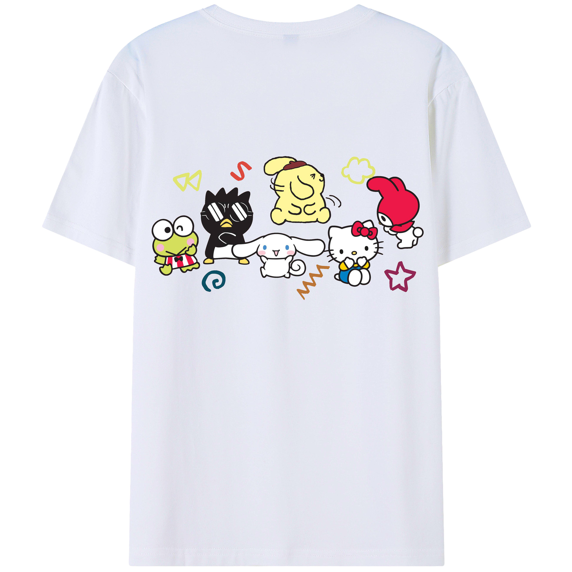 おもしろサンリオ - レディース半袖Tシャツ ・ 綿100％ ・ バックプリント ・ 強化クルーネック ・ 二重折り袖口 ・ 快適 通気性 ・ フィットネス カジュアル 旅行用