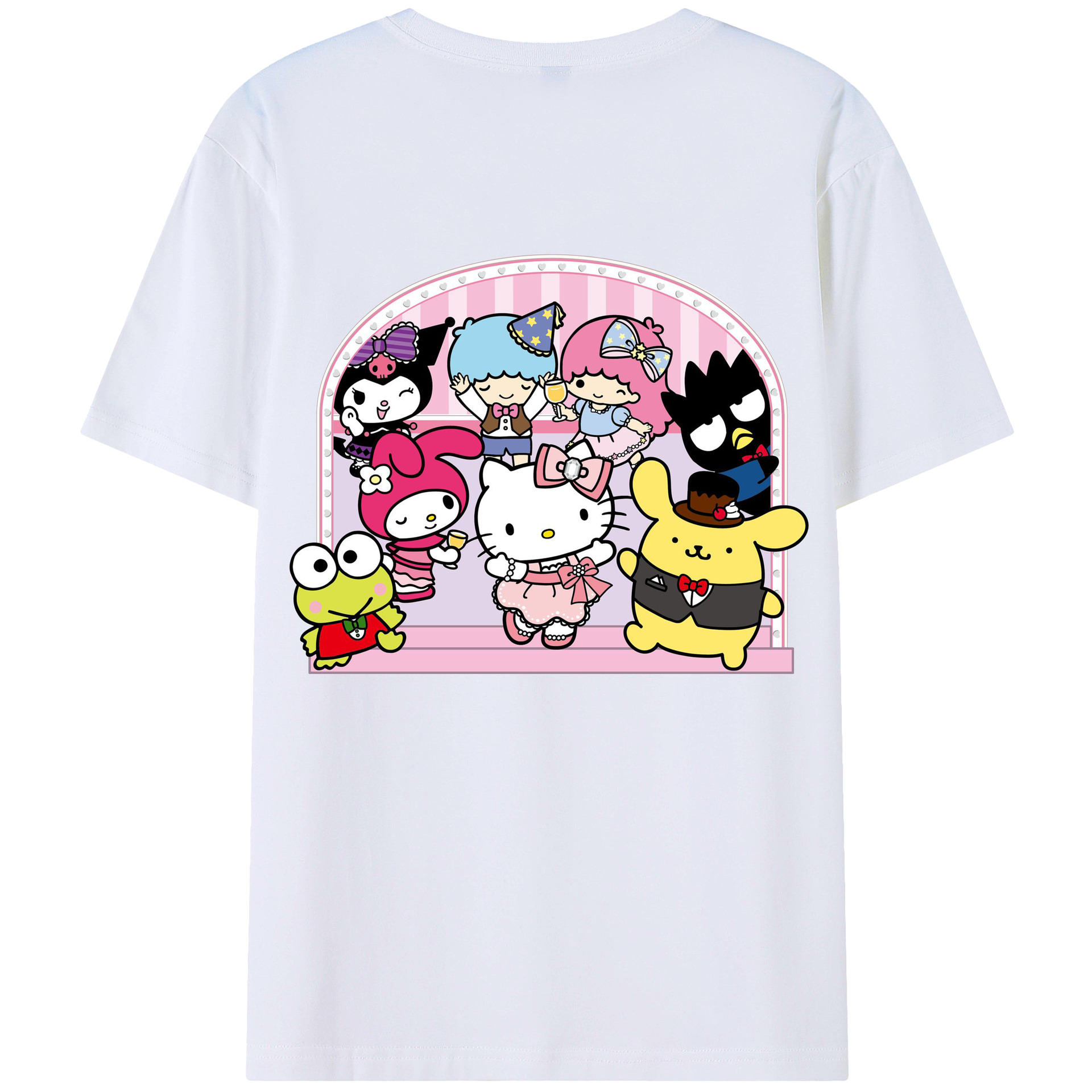 おもしろサンリオ - レディース半袖Tシャツ ・ 綿100％ ・ バックプリント ・ 強化クルーネック ・ 二重折り袖口 ・ 快適 通気性 ・ フィットネス カジュアル 旅行用