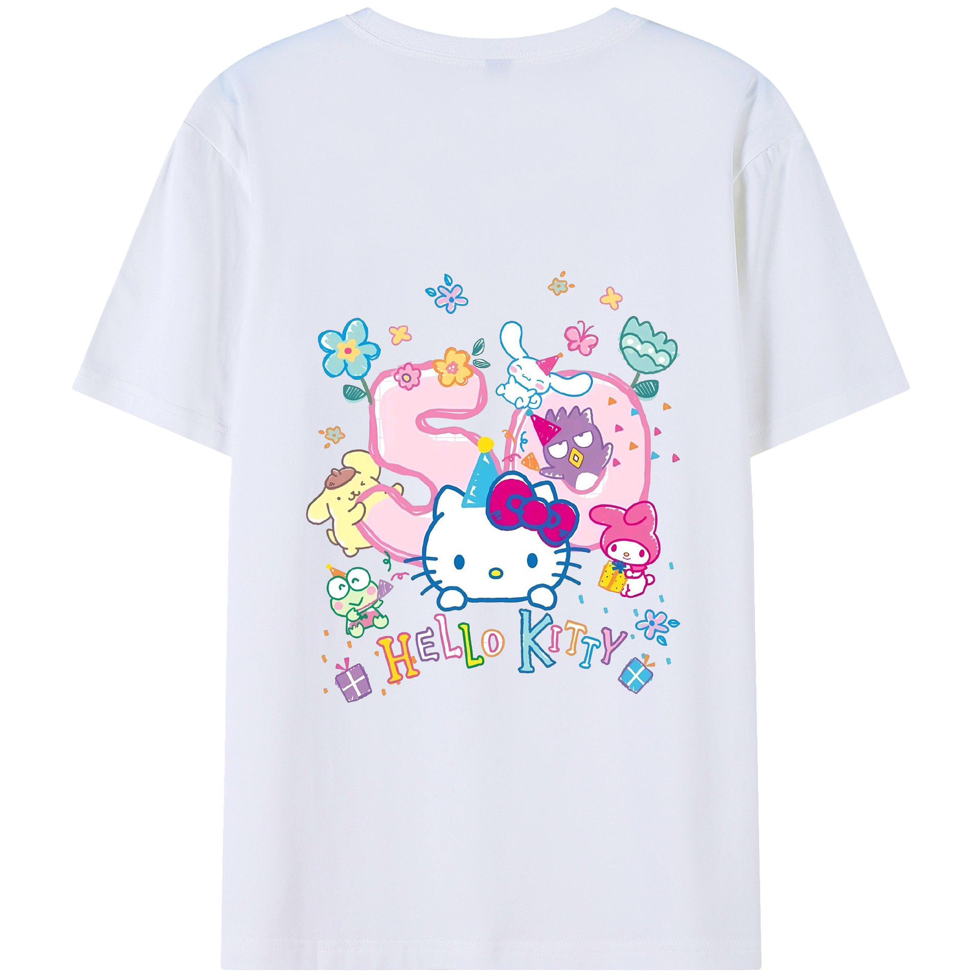 キティちゃんとなかまたち大集合♪ - レディース半袖Tシャツ ・ 綿100％ ・ バックプリント ・ 強化クルーネック ・ 二重折り袖口 ・ 快適 通気性 ・ フィットネス カジュアル 旅行用