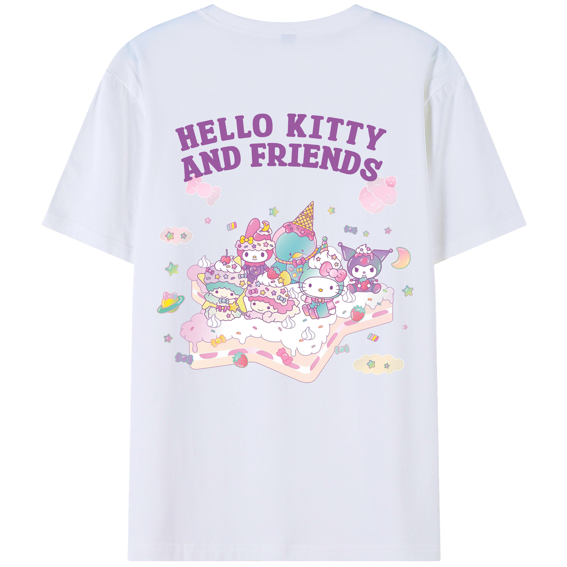 キティちゃんとなかまたち大集合♪ - レディース半袖Tシャツ ・ 綿100％ ・ バックプリント ・ 強化クルーネック ・ 二重折り袖口 ・ 快適 通気性 ・ フィットネス カジュアル 旅行用