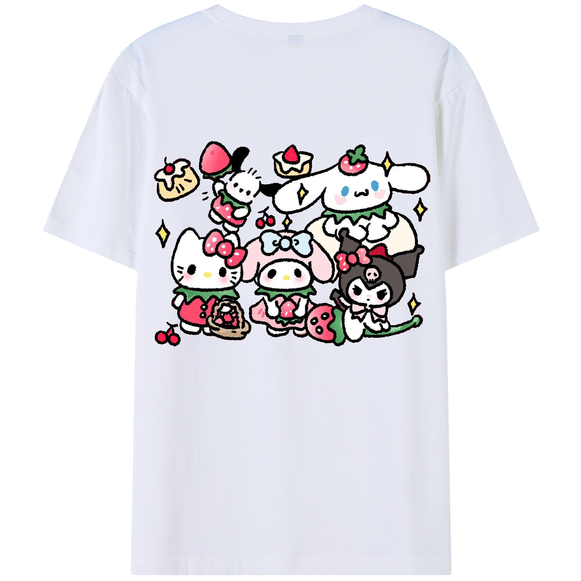 かわいい系サンリオ - レディース半袖Tシャツ ・ 綿100％ ・ バックプリント ・ 強化クルーネック ・ 二重折り袖口 ・ 快適 通気性 ・ フィットネス カジュアル 旅行用