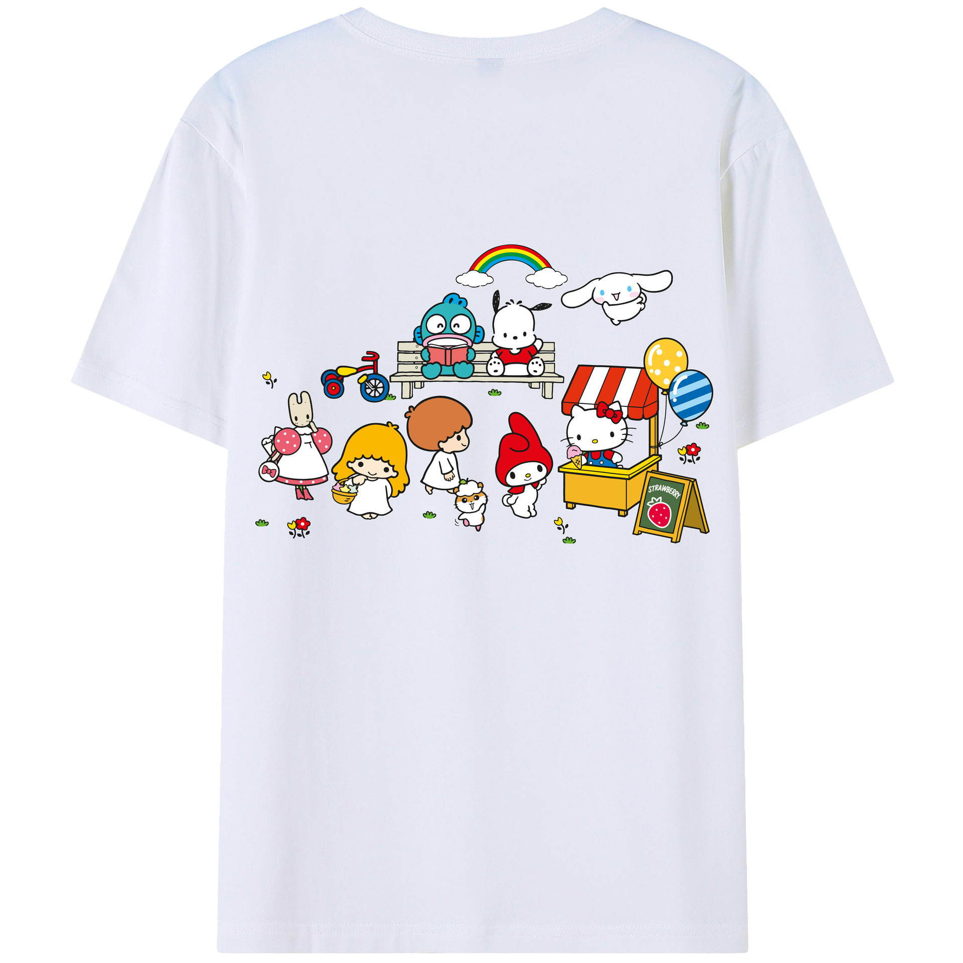 スイート系サンリオ - レディース半袖Tシャツ ・ 綿100％ ・ バックプリント ・ 強化クルーネック ・ 二重折り袖口 ・ 快適 通気性 ・ フィットネス カジュアル 旅行用