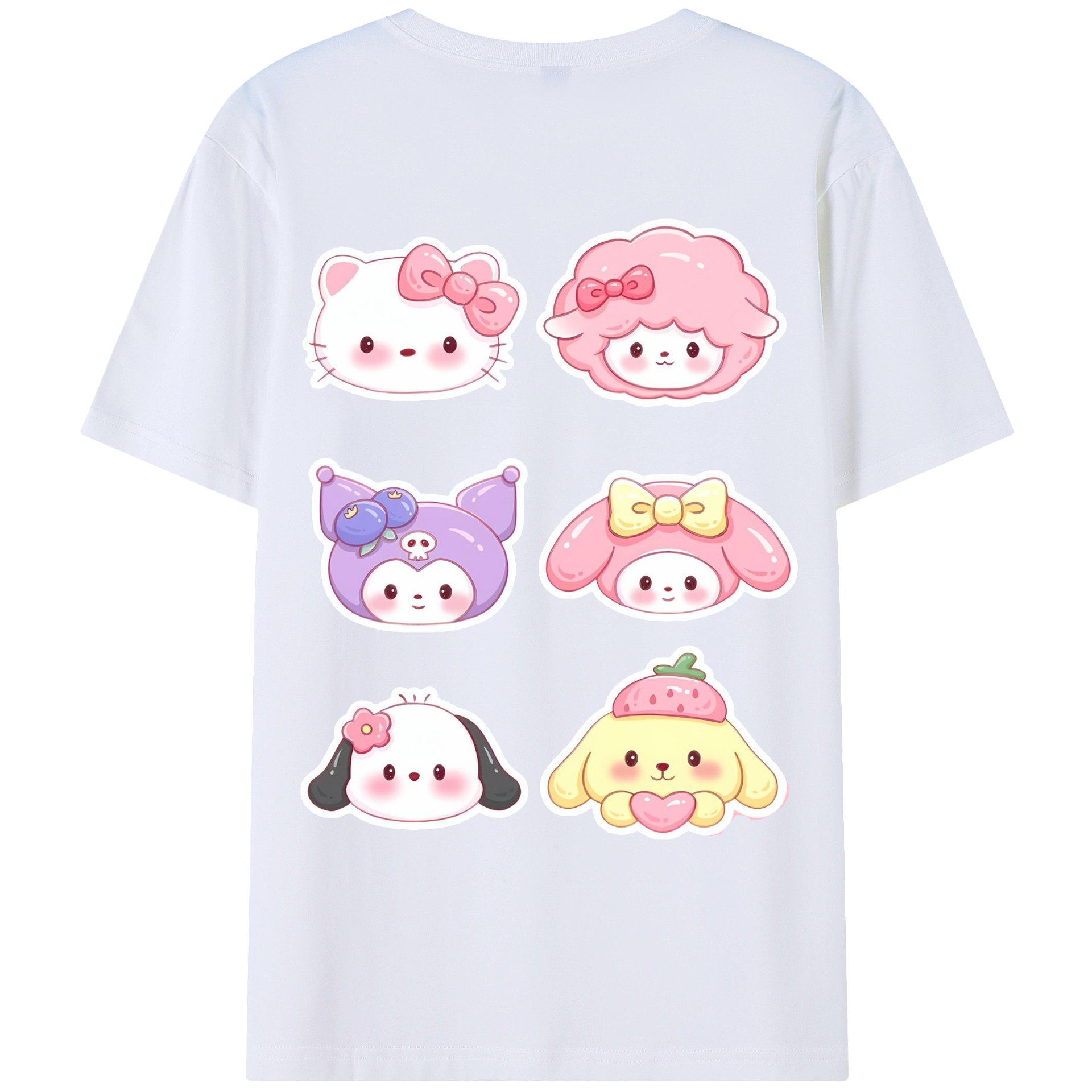 かわいい系サンリオ - レディース半袖Tシャツ ・ 綿100％ ・ バックプリント ・ 強化クルーネック ・ 二重折り袖口 ・ 快適 通気性 ・ フィットネス カジュアル 旅行用