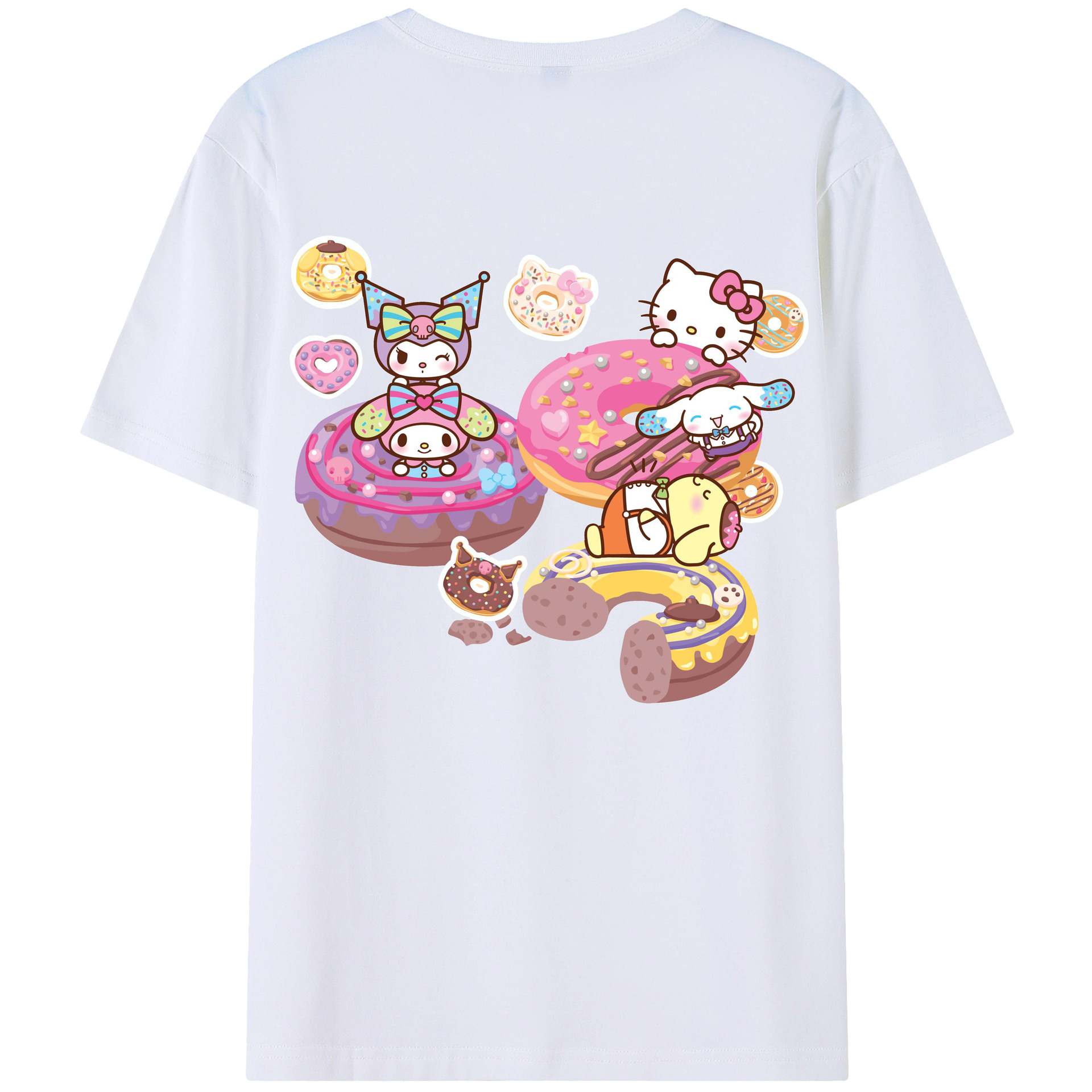 ドーナツ×サンリオ - レディース半袖Tシャツ ・ 綿100％ ・ バックプリント ・ 強化クルーネック ・ 二重折り袖口 ・ 快適 通気性 ・ フィットネス カジュアル 旅行用