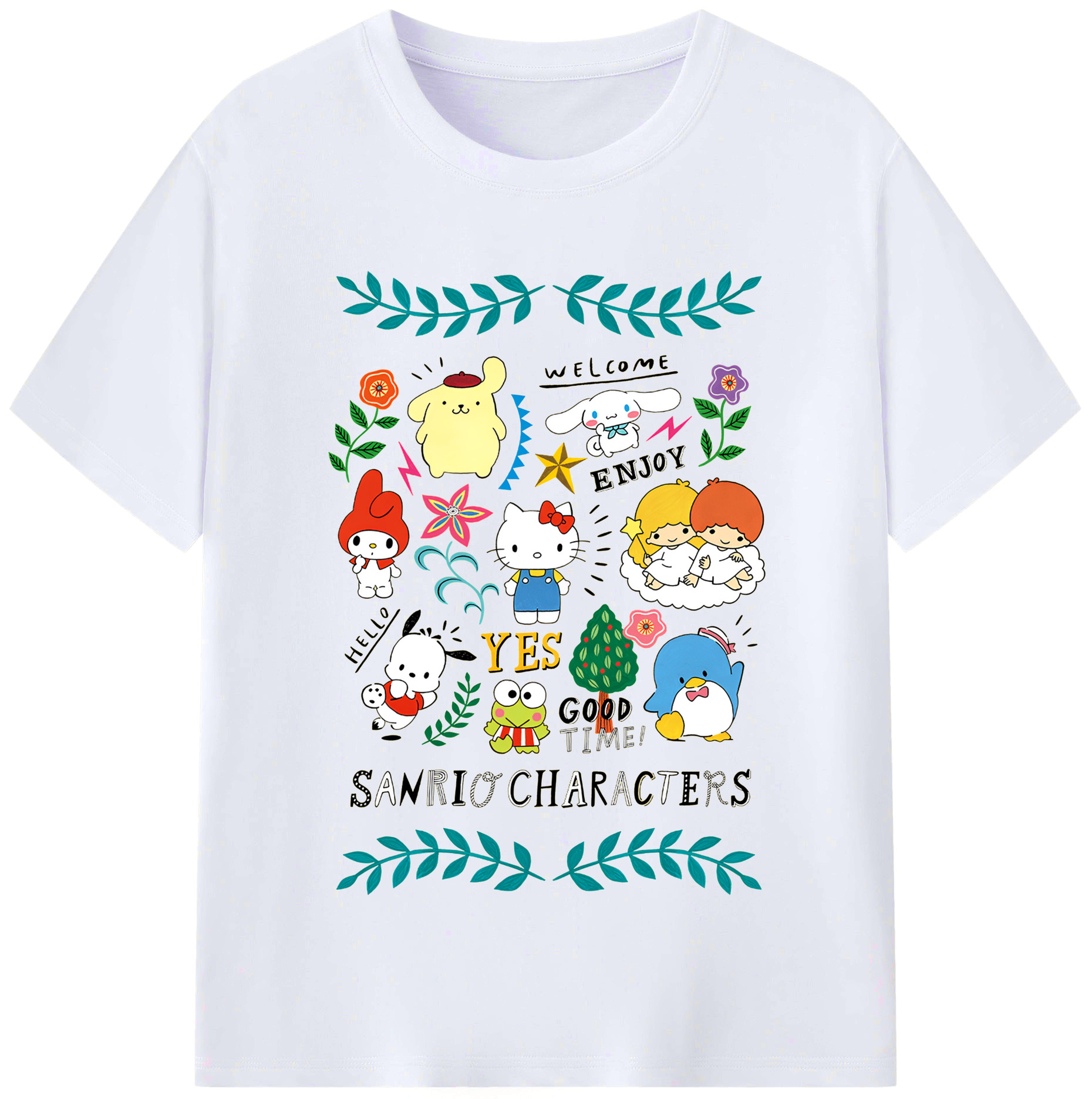 おもしろサンリオ - レディースカジュアルプリントTシャツ ・ 綿100％ ・ クルーネック ・ フロントプリント ・ 柔らかく快適 ・ フィットネス カジュアル 旅行用