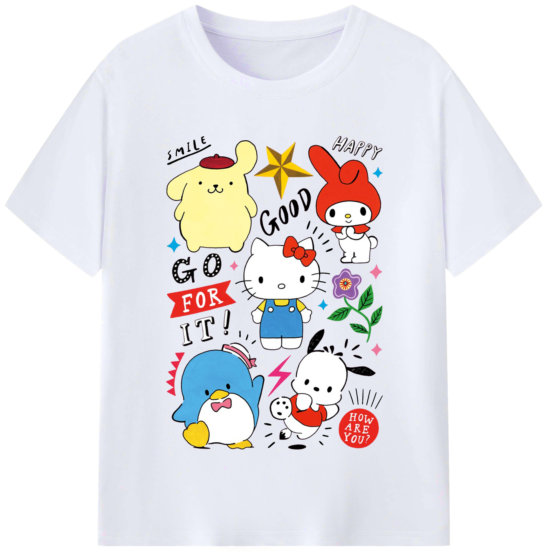 おもしろサンリオ - レディースカジュアルプリントTシャツ ・ 綿100％ ・ クルーネック ・ フロントプリント ・ 柔らかく快適 ・ フィットネス カジュアル 旅行用